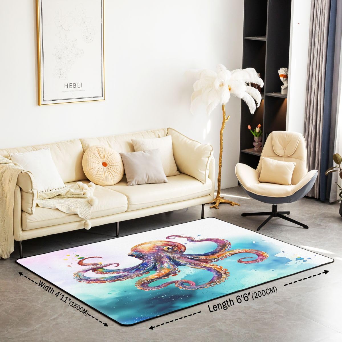 Homewish Oktopus Teppiche Wohnzimmer für Kinder Jugendliche Erwachsene Meeresleben Ozeantier Rug Pflegeleicht Ombre Lila Oktopus Teppich 150x200 Tentakel Carpet Living Room