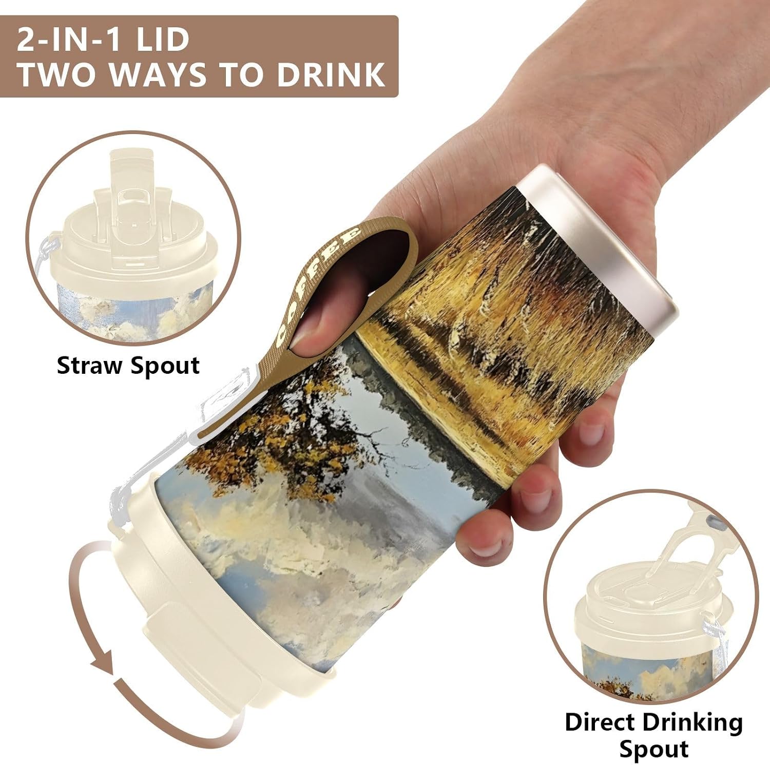 Insulated Coffee Mug Autumn Art Landscape with Straw & Flip Lid, 16.9oz Iced Tumbler Cup, Double Wall Vacuum Mug for Travel Office Camping