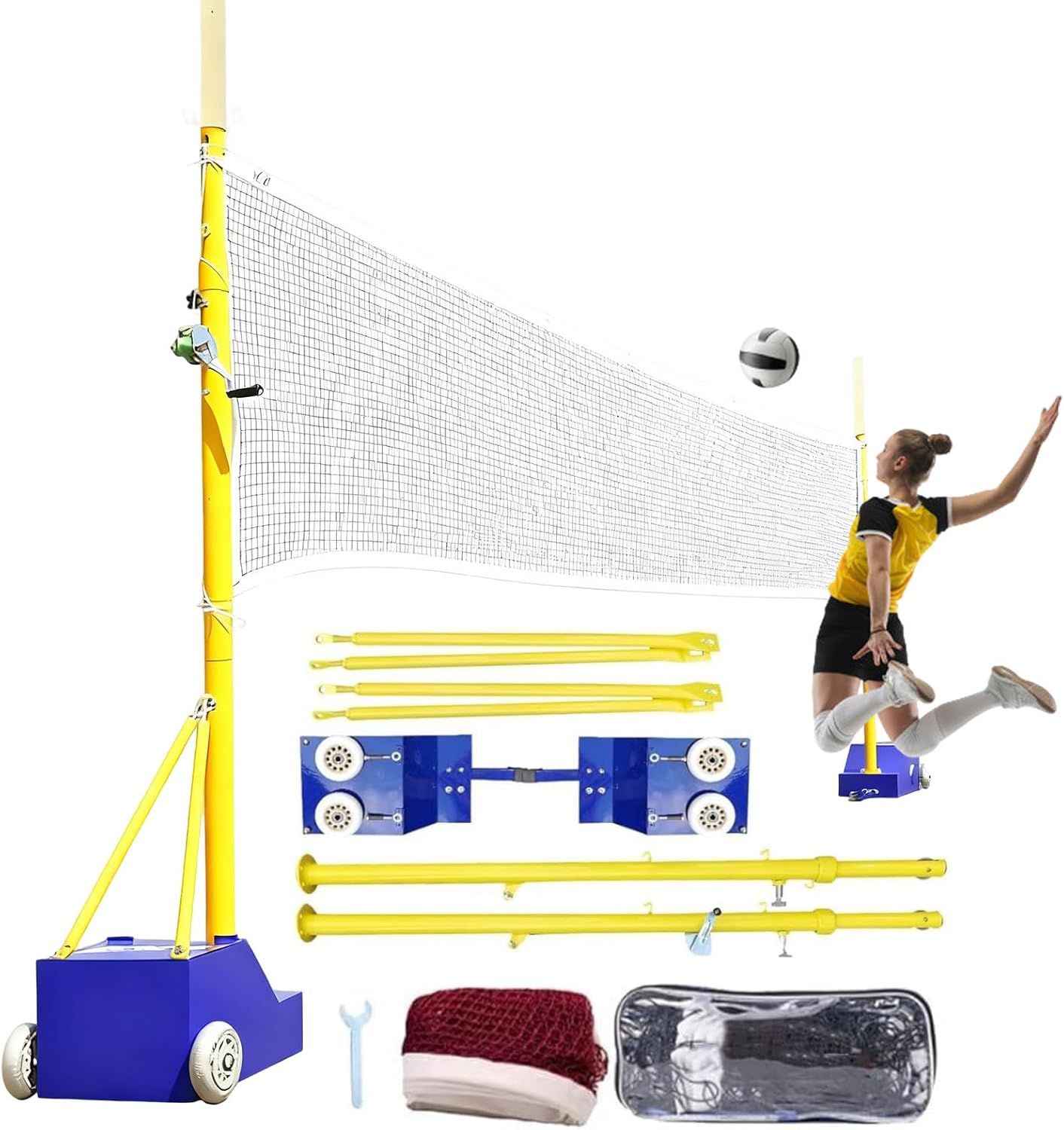 Portable Volleyball/Badminton Net Poles with Wheels, Heavy Duty Steel Stand Adjustable Height 5-7FT, Stable Base for Indoor & Outdoor Backyard, School, Training