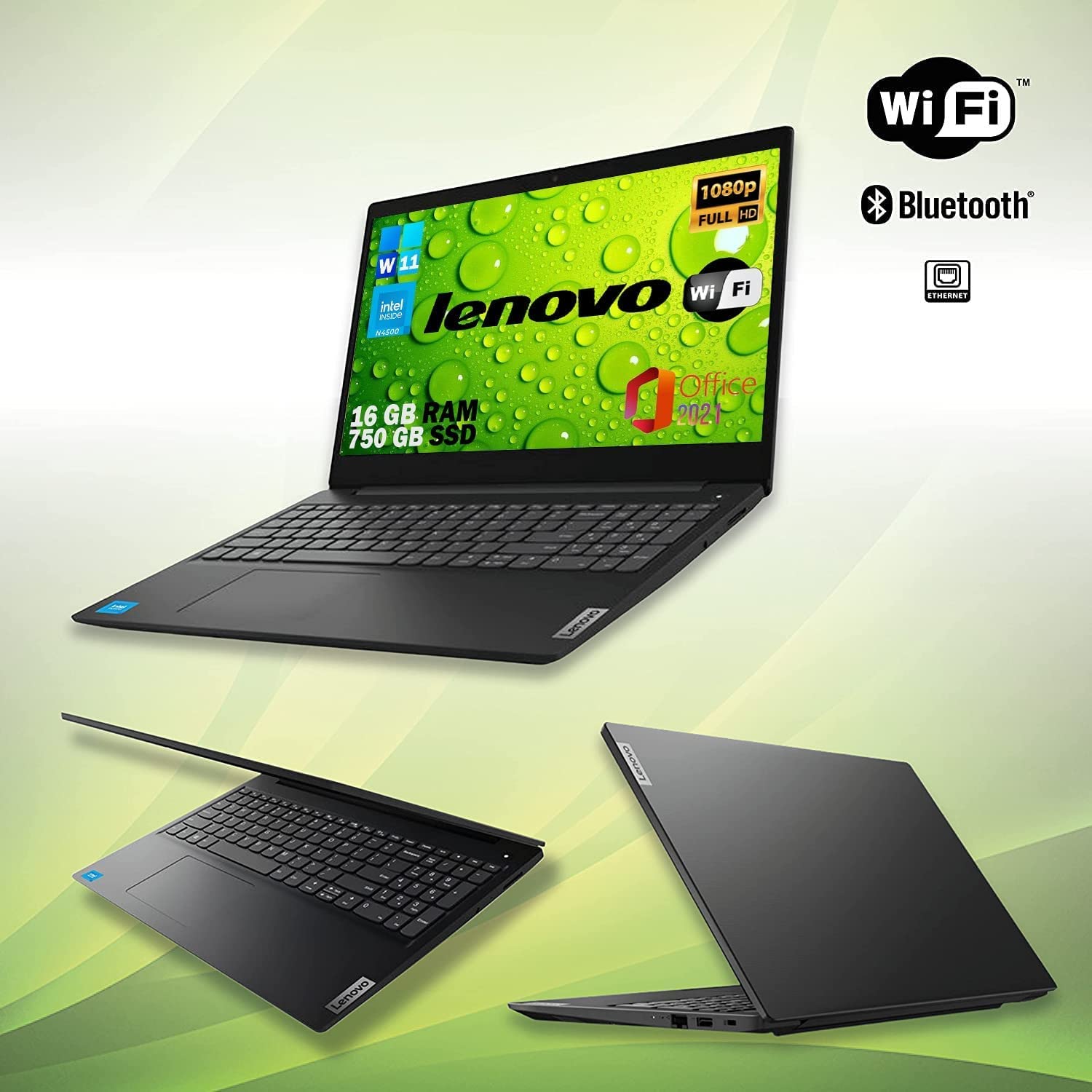 Lenovo, Pc portatile notebook pronto all'uso, Display FHD da 15,6", cpu N4500, ram 16Gb, ssd Nvme 500Gb, win 11 pro, Mouse Wifi