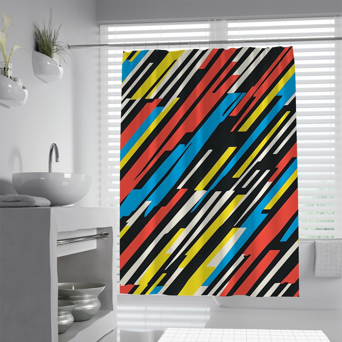 UIRINGART Contemporary Diagonal Slash Shower Curtain W180xL200cm Modern Abstract Geometric Block Lines Mildew Resistant Quick Dry Walk In Bathroom Screen With Hook