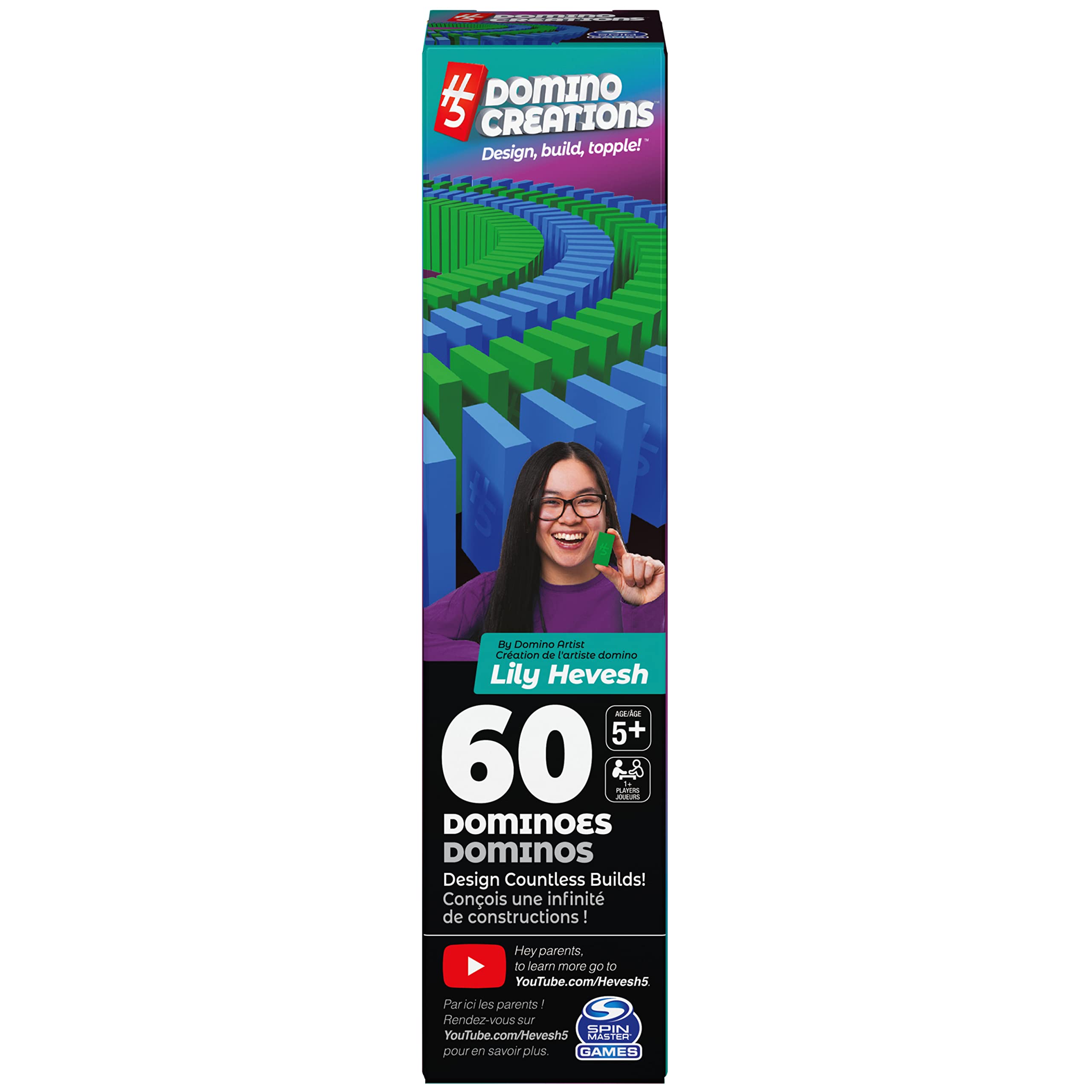 Spin Master Games H5 Domino Creations, 60-częściowy neonowy niebieski/zielony zestaw autorstwa artystki Domino YouTuber Lily Hevesh klasyczna gra rodzinna, dla dorosłych i dzieci w wieku od 5 lat
