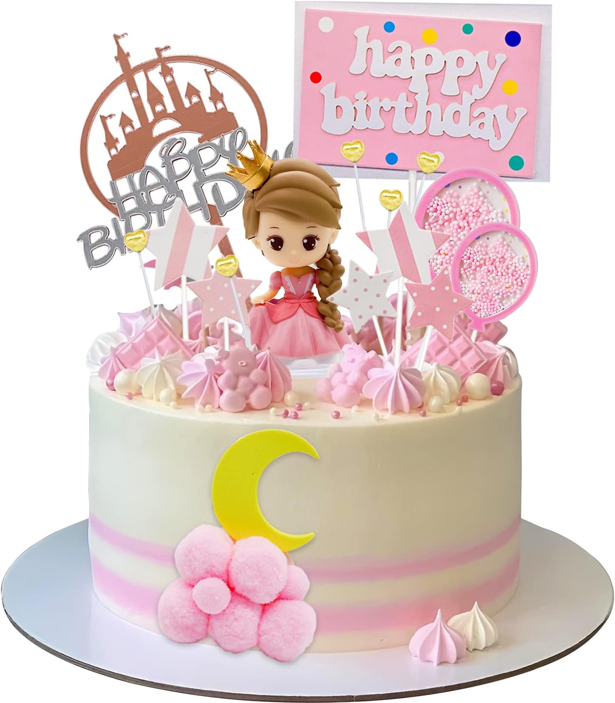 Princess Cake Topper Girl Princess Castle Cake Decorations Happy Birthday Banner Moon Cloud Castle Stars Hearts Cake Toppers for Girl Birthday Pink Princesses Sweet Theme Party Supplies