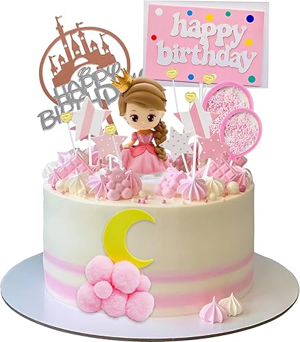 Decoración de pastel de princesa para niña, decoración de pastel de castillo de princesa, pancarta de feliz cumpleaños, luna, nube, castillo,