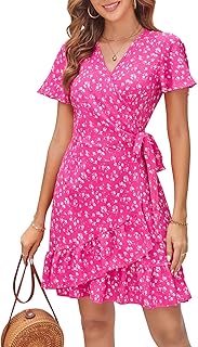 Naggoo Women's Summer Wrap Dresses V Neck Polka Dot Print Ruffle Short Sleeve Mini Floral Boho Dress with Belt