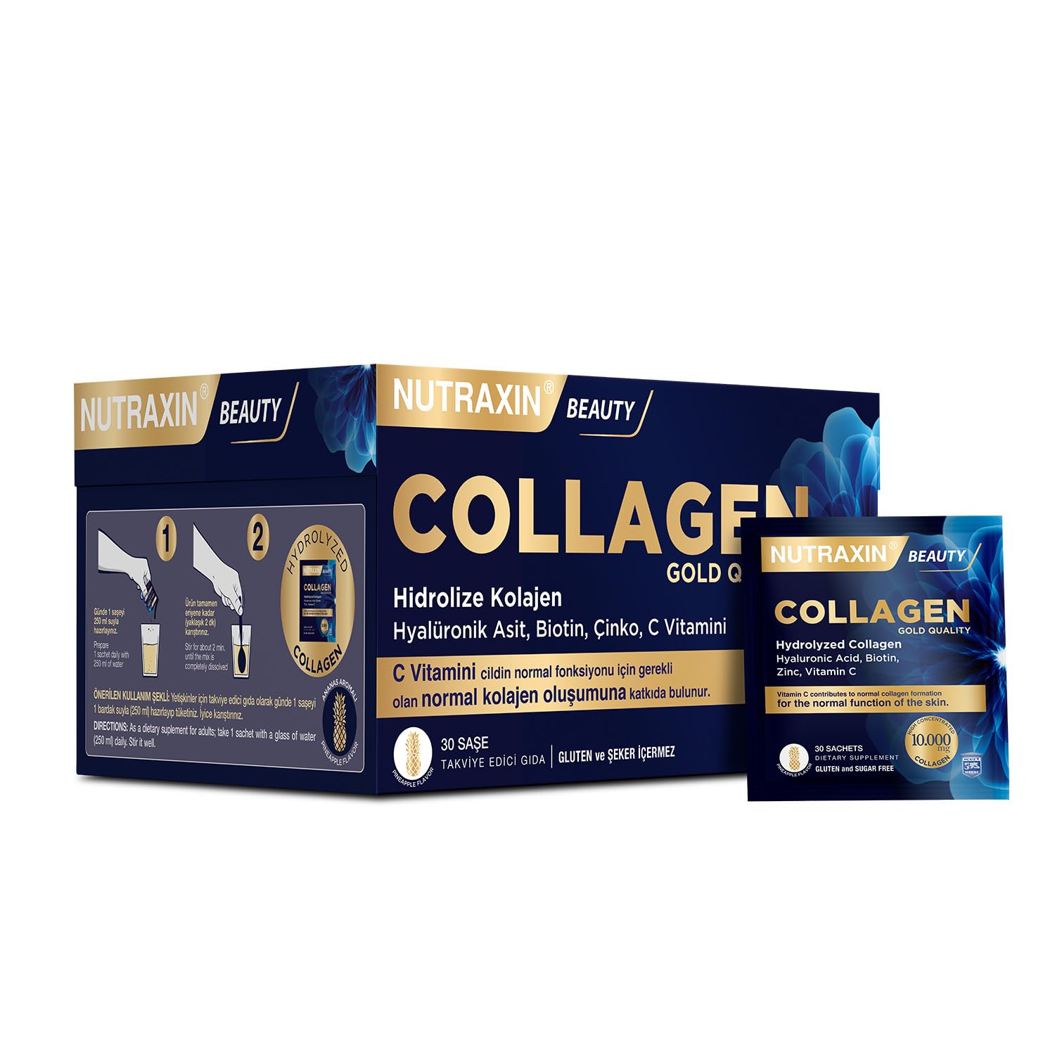 Nutraxin Beauty Gold Collagen C Vitamini, Hyalüronik Asit, Kolajen Takviye Edici Gıda (1 x 30 adet)