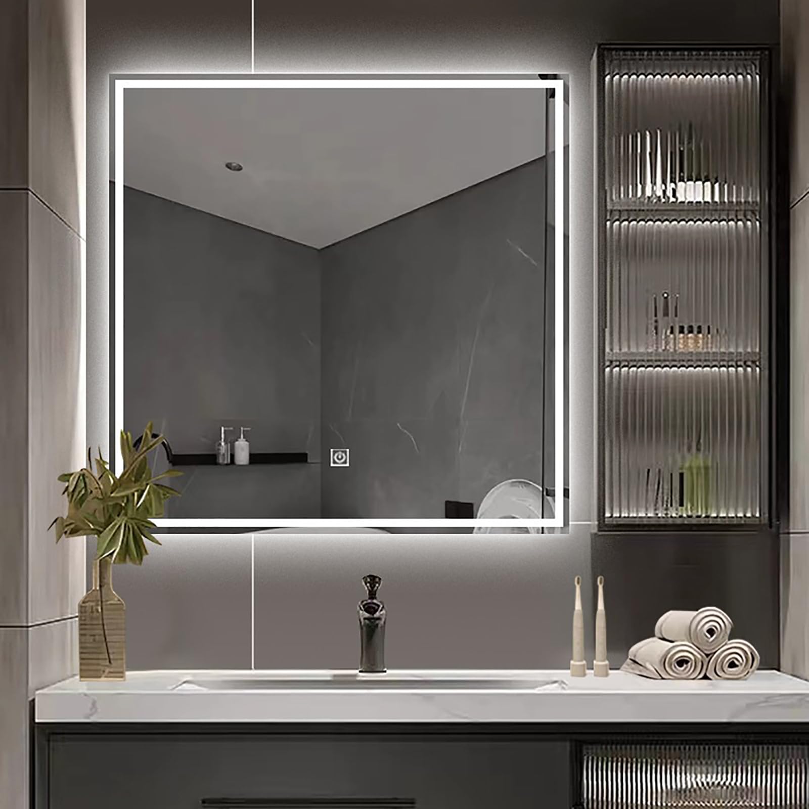 Smart - Espejo de baño LED cuadrado montado en la pared con Bluetooth, función de desempañamiento e inducción del cuerpo humano, 80 x 80 cm, mejora tu experiencia Vani
