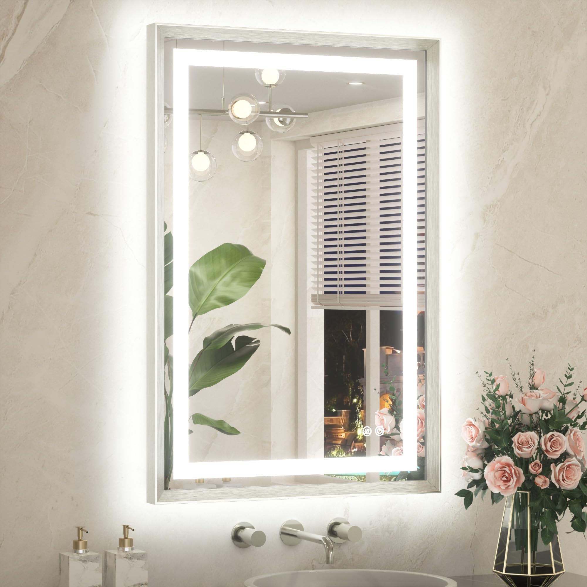 TETOTE 24 x 36 Bathroom LED Mirror Brushed Nickel Metal Frame Frontlit &amp; Backlit Vanity Mirror Anti-Fog Stepless Dimmable 3 Colors White/Warm/Natural Mirror with Lights Wall-Mounted