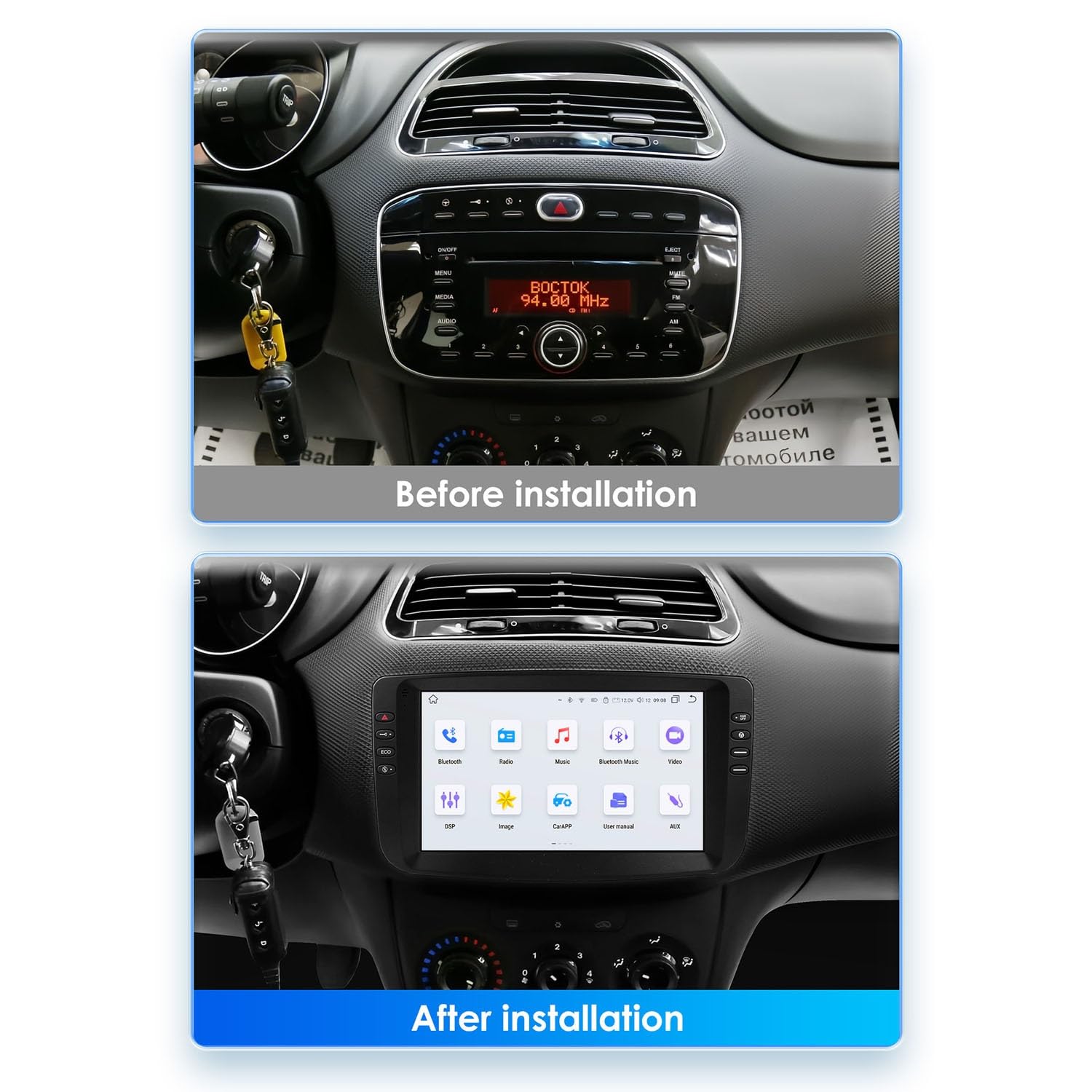 Android 15 CarPlay Android Auto Bezprzewodowe radio samochodowe do Fiata Linea Punto Evo 2012-2015, 9-calowe radio samochodowe z GPS, WiFi, Bluetooth, FM, RDS, kamera tylna (8-rdzeniowy (6