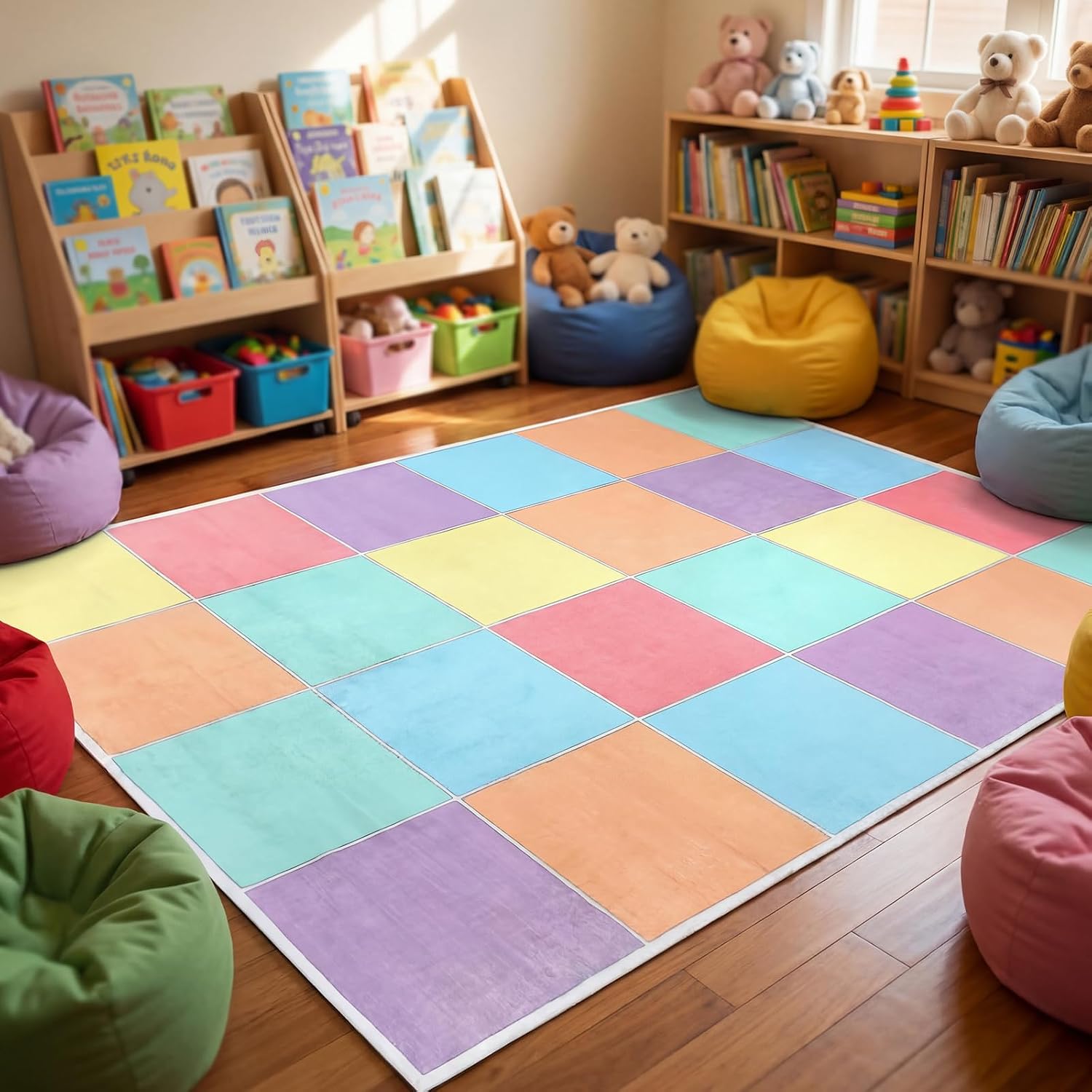 Breling Classroom Carpets Playmat Rugs 6x9 ft Pastel Checkerboard Kids Classroom Rugs with Rubber Backing, Children's Seating Nursery Play Mat for Preschool Elementary Playroom Kindergarten