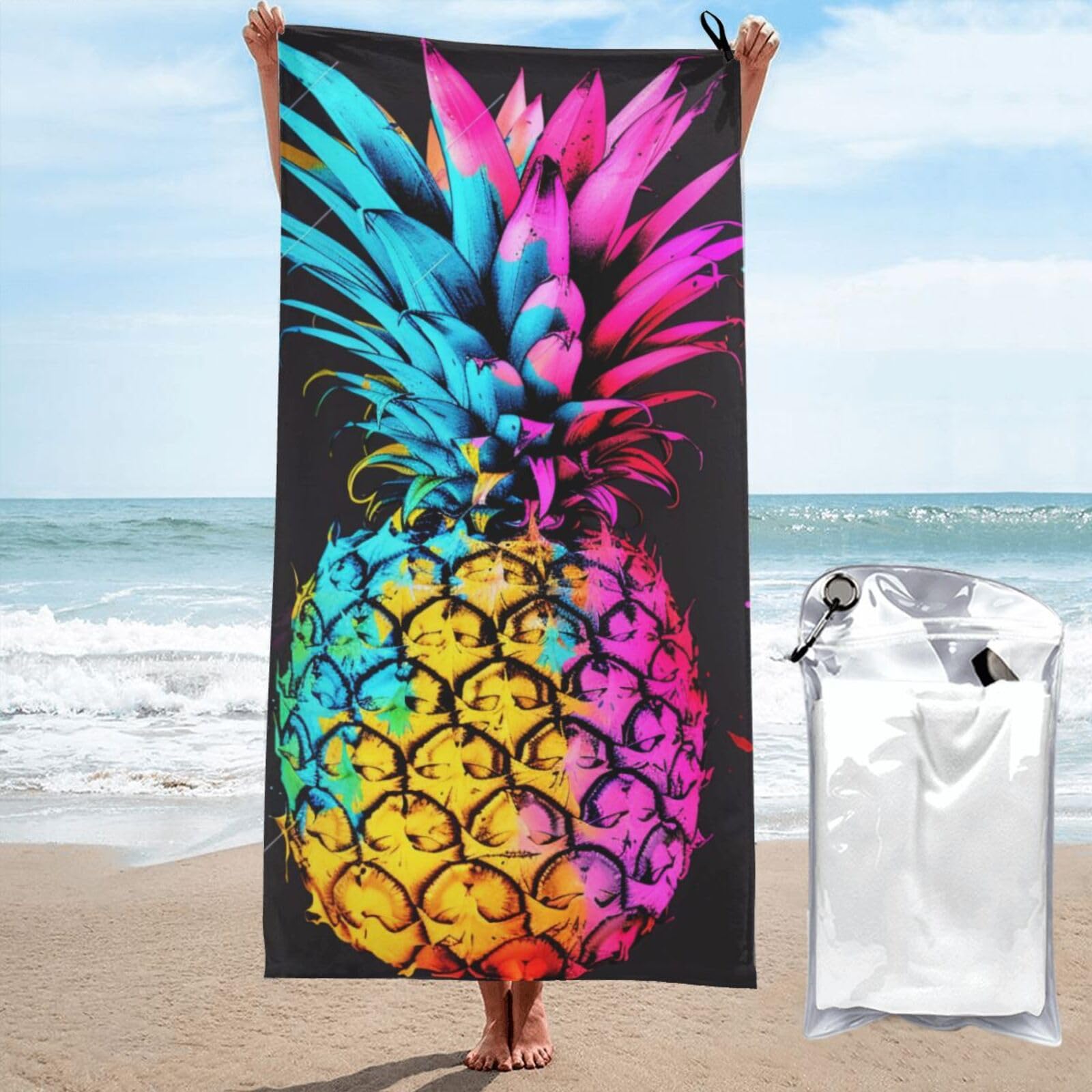 kkvhhyuo Microfiber Beach Towel, colorful Pineapple Printed Lightweight Quick Dry Travel Bath Sheet with Compact Carry Bag for Swimming Yoga Camping Gym,31.5"x63"