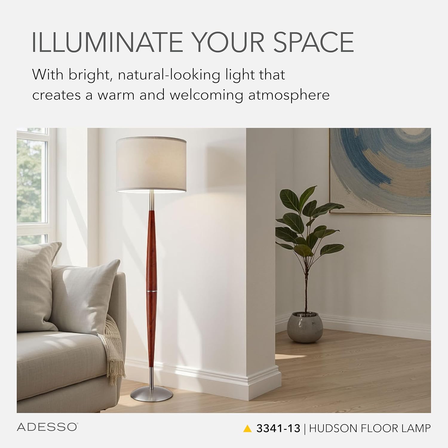 Adesso Hudson Floor Lamp - Adjustable Brightness, Perfect Lighting for Bedroom, Living Room and Corner Decor, Maple Eucalyptus Wood & Satin Steel Accents, Soft/White Lampshade