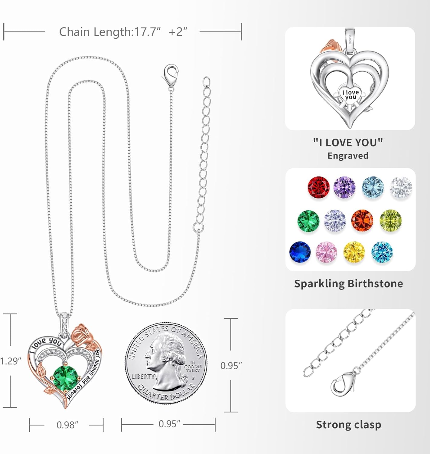 Rose Birthstone Heart Necklaces for Women S925 Sterling Silver I Love You Jewelry Gift for Women Birthday Wedding Anniversary, Mother’s Day Gifts for Mom, Mother, Wife, Girlfriend with Birthstone Pendent Necklace - Image 5