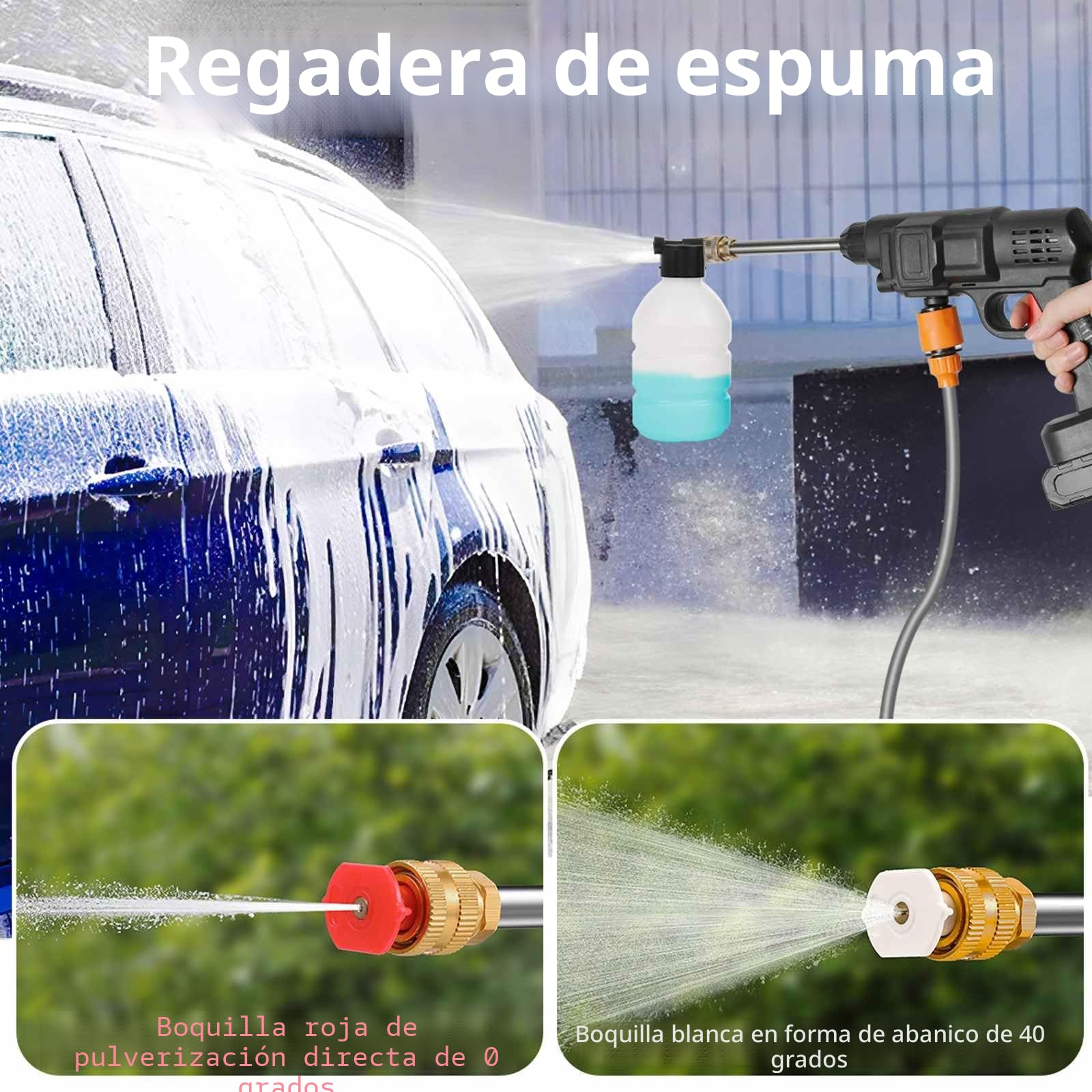 Limpiador de Alta Presión Inalámbrico 60 Bar, Limpiador de Alta Presión de Batería 300W, Pistola de Agua para Lavado de Coche con Baterías, Manguera 5m, Pulverizador de Espuma (B-2 Batería)