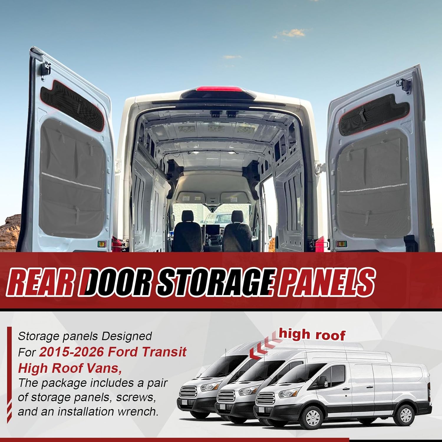 1 Pair Rear Door Storage Panels Compatible with 2015-2026 Ford Transit 250 High Roof Van, 1680D Heavy Duty Oxford Fabric, Drilling Installation (Upper Panel)