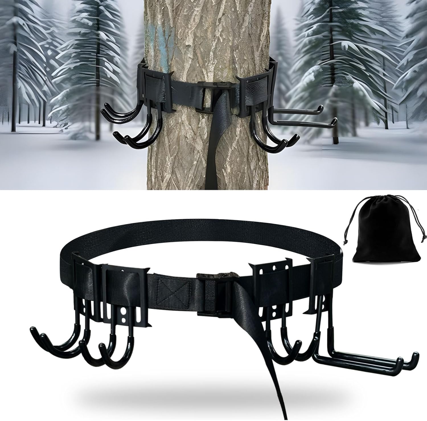 Treestand Strap Gear Hangers, Multi-Hook Accessory Holder for Bow Hanger, Tree Stand Accessories Holder with 8 Hooks, for Gears Bow Quiver Backpack Tree Saddle Bottle, with Storage Bag