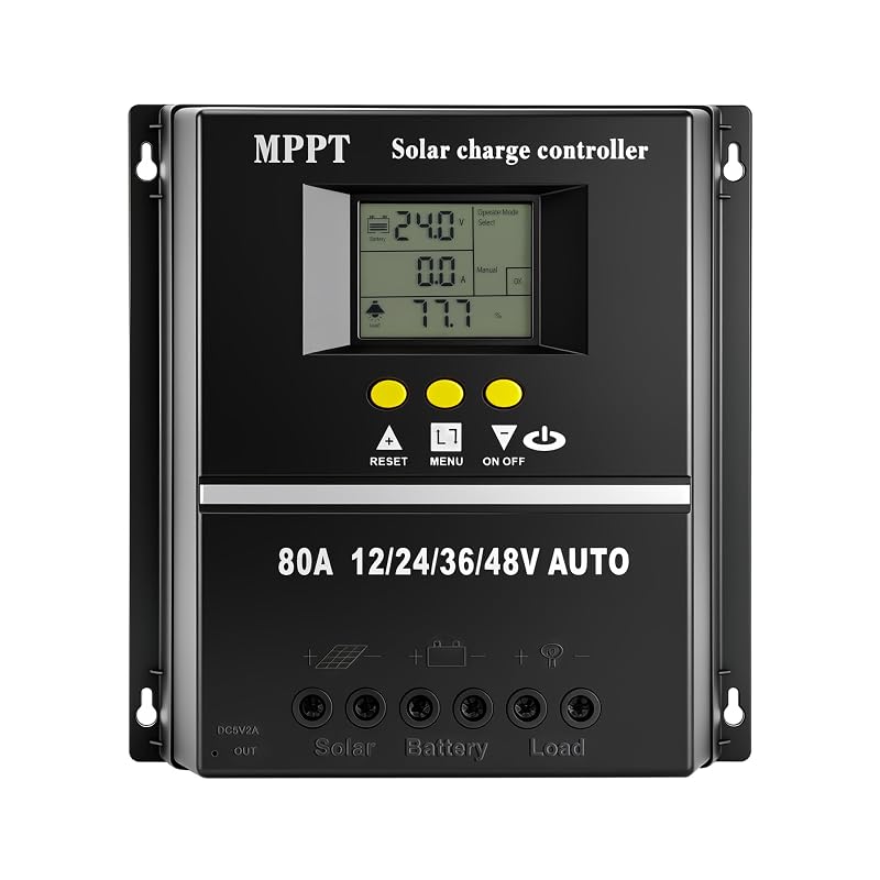 Controlador de Carga Solar AURASOLAR 80 A MPPT/PWM 12 V, 24 V, 36 V e 48 V com Display LCD, 2 USB e Timer SY4880A