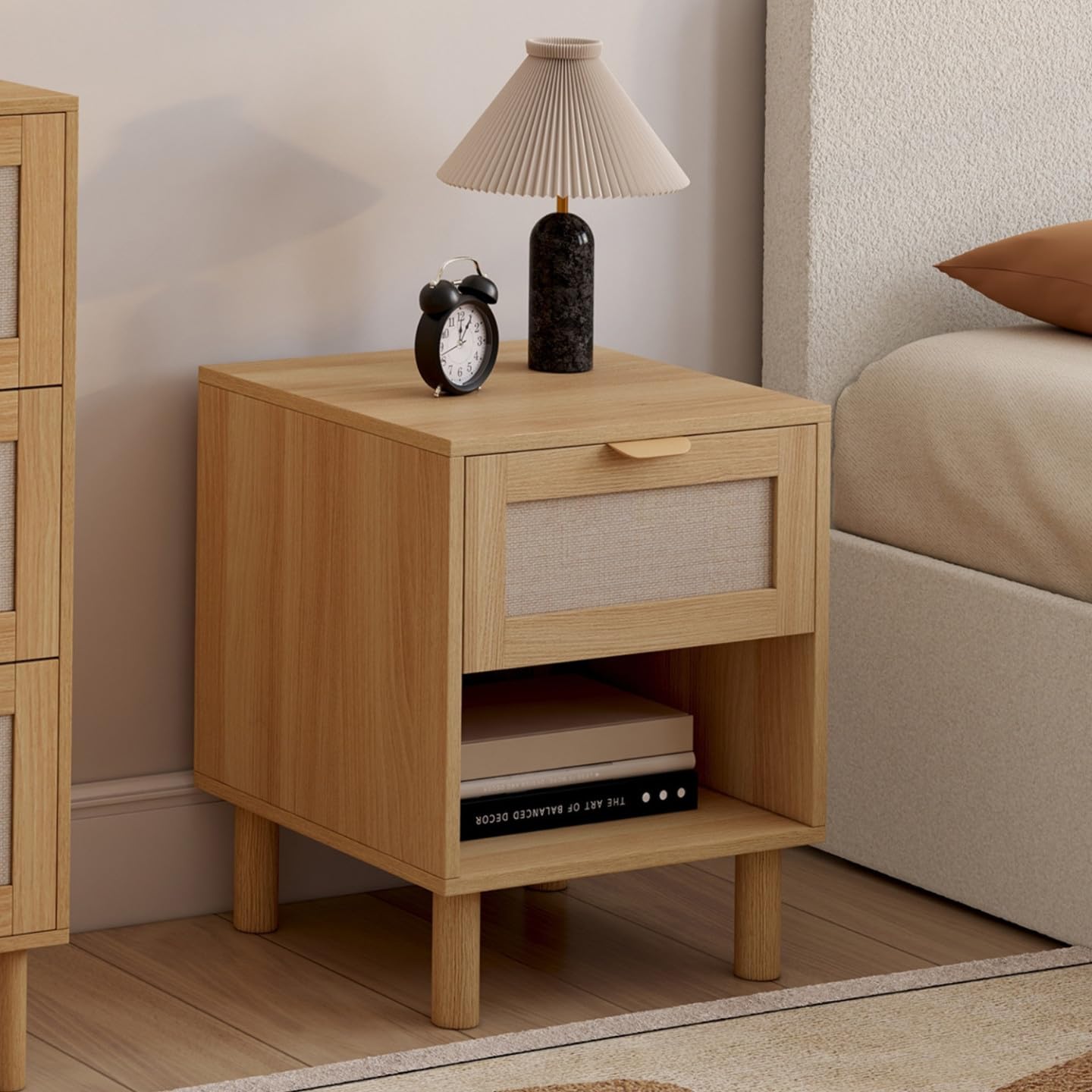 IDMarket - Lot de 2 Tables de Chevet Robin 1 tiroir avec Niche Bois et Tissu Effet Lin