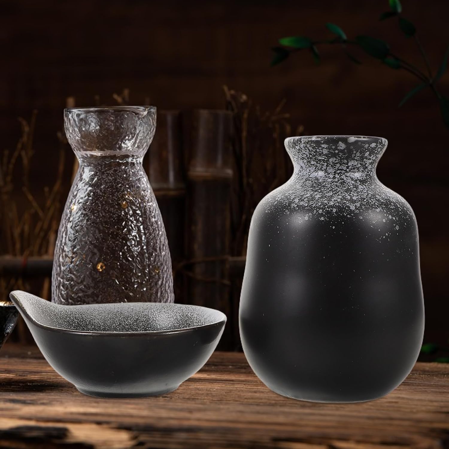 Abaodam Ceramic Sake Bottle and Cup Set, 400ml, Black