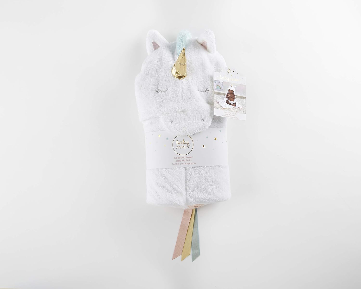Baby Aspen Simply Enchanted Unicorn Hooded Towel, White/Light Pink/Aqua/Gold