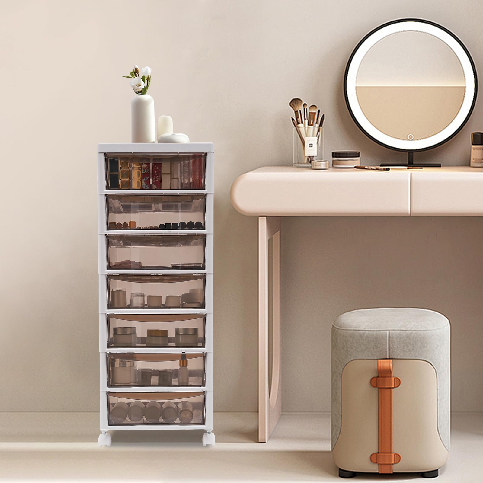 Schubladenbox aus Kunststoff, Aufbewahrungsschrank Schubladen Box Kosmetik Büroorganizer Rollcontainer Unter-Schreibtisch-Schublade, Modernes Design für Home Office und Schlafzimmer (8 Tier)