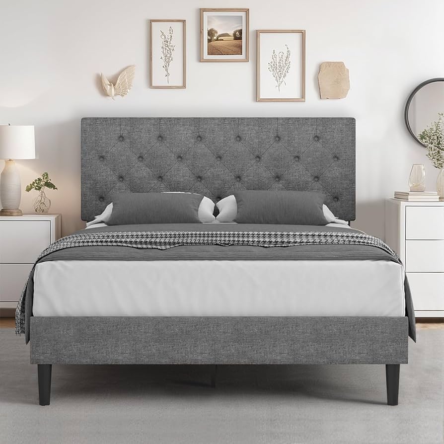 ◆つむぎ◆ Amazon.com: HOMBCK Full Bed Frame with Headboard, Linen