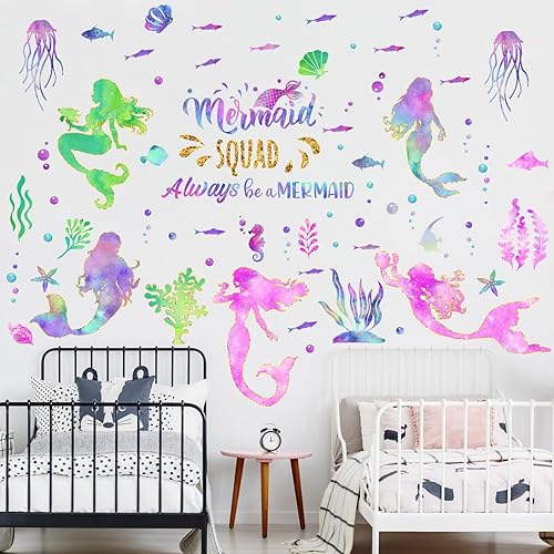 Miniatura 4 de 2 hojas de calcomanías de pared grandes de sirena con purpurina para niñas, calcomanías de pared de sirena para dormitorio, impermeable, decoración