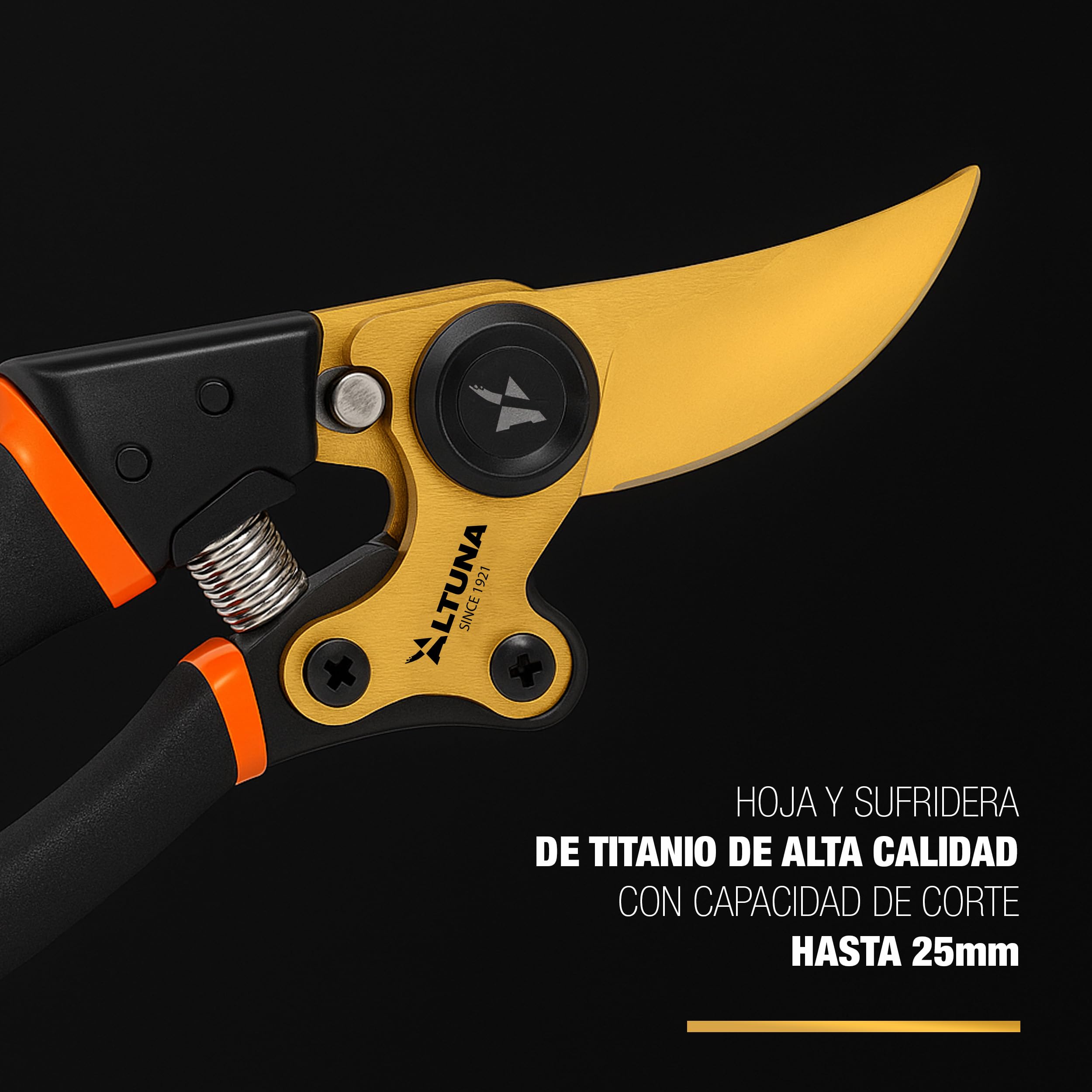 Altuna TR15 - Tijeras de Podar de Titanio - Tijera de Jardín Profesional con Hoja SK5 - Corte Bypass Preciso - Mango Metálico Antideslizante - Diseño Ergonómico - Ideal para Regalo - Caja Incluida