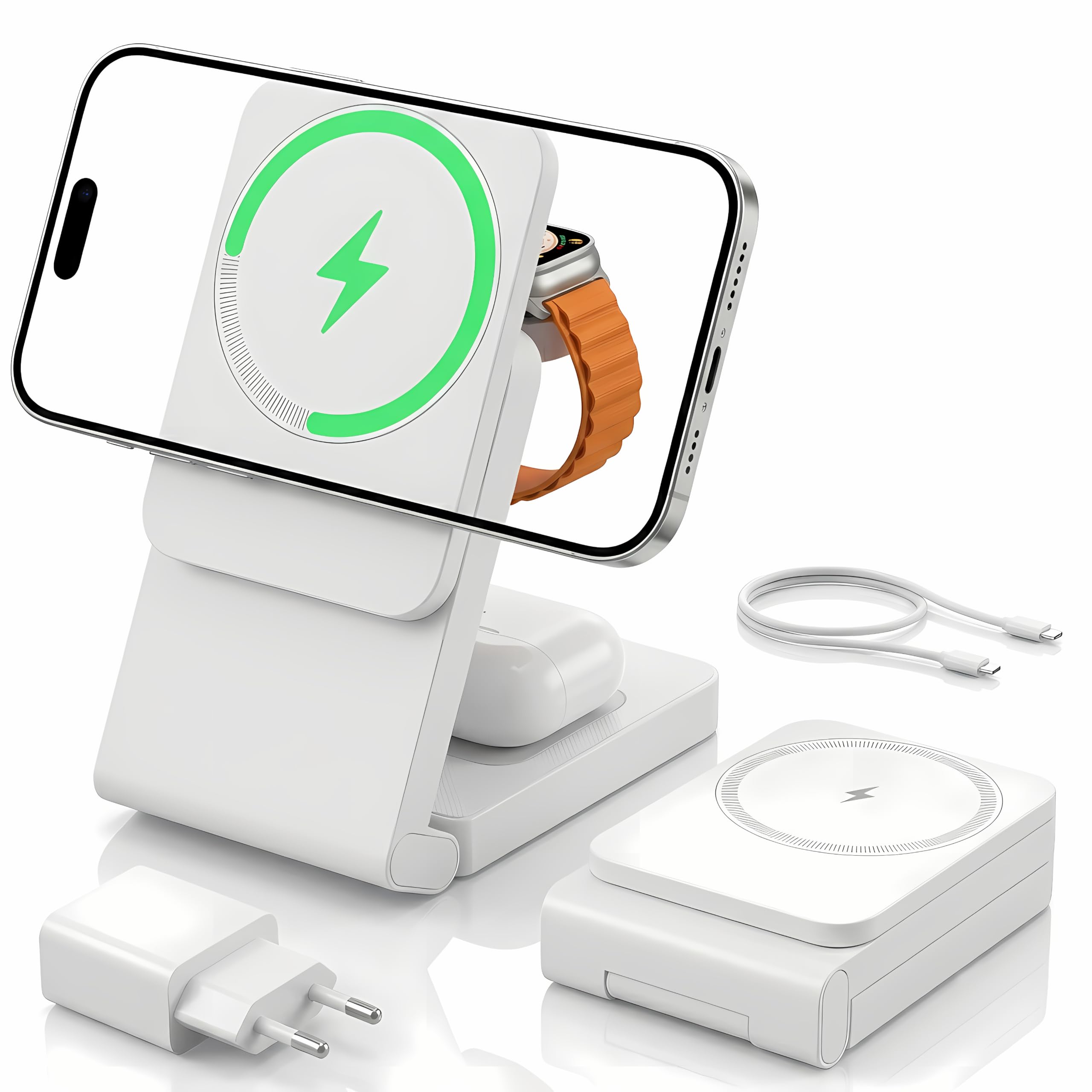 Forzik 3 in 1 Ladestation für iPhone/Apple Watch/AirPods mit 20W Adapter | Qi2.2 Faltbares Induktionsladegerät Kompatibel mit MagSafe, Magnetisches Kabelloses Ladegerät für iPhone 17-12 Serie (Weiß)