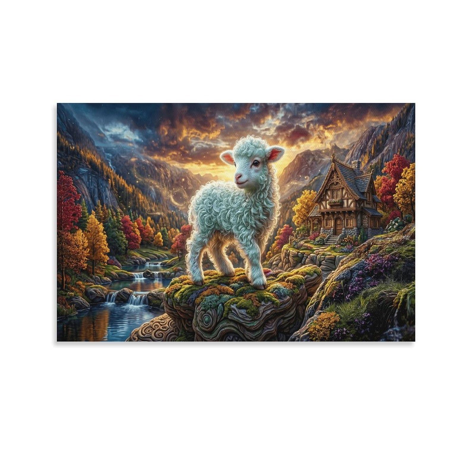 XPASHIQWC Curly‑Furred Lamb Wall Decor Poster Valley Stream Cabin Giclee Canvas Prints Modern Wall Art Picture Wall Hanging for Dining Room Kitchen Home Office Decor 20x30inch(50x75cm)