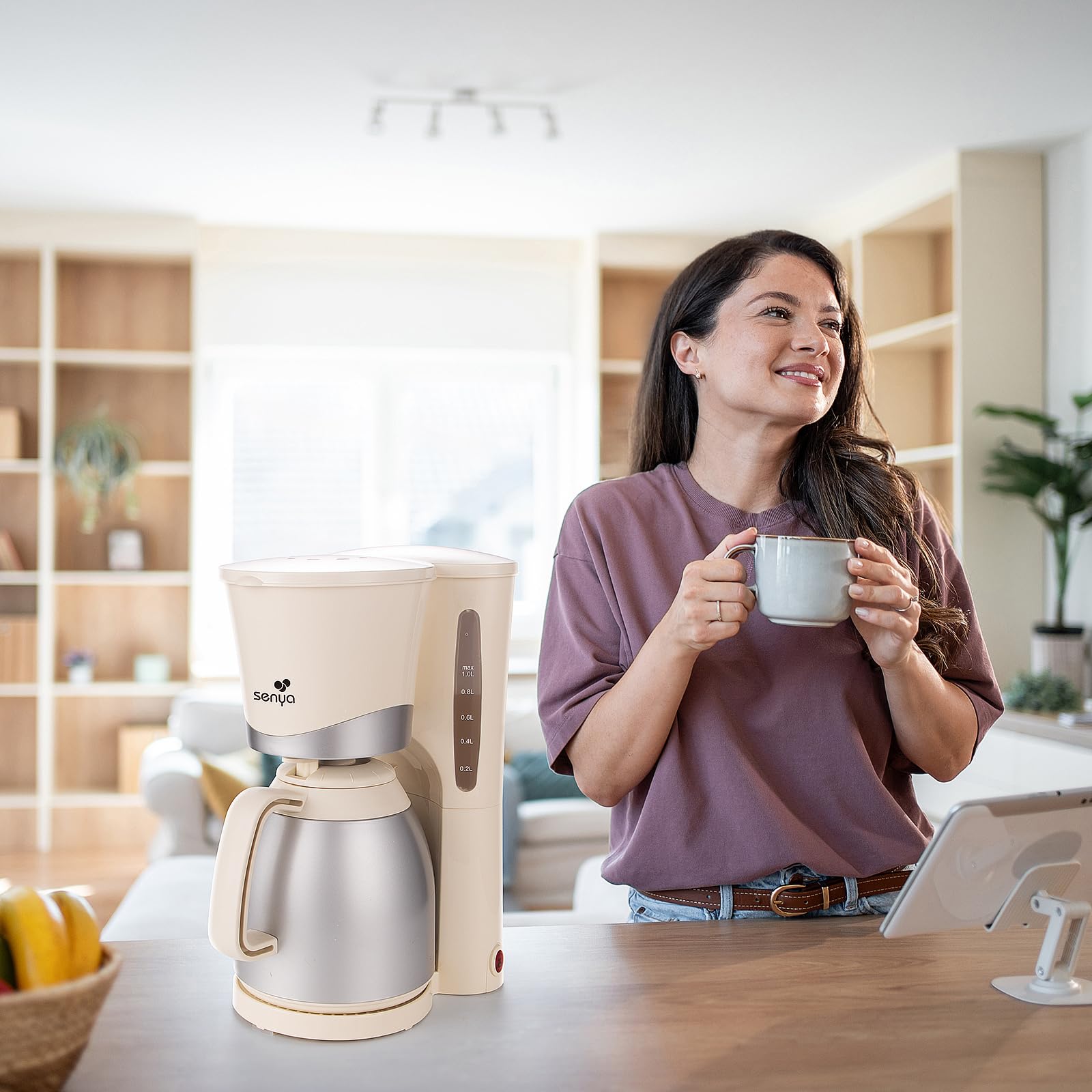 SENYA Cafetera Eléctrica Crema 1L – Cafetera Filtro con jarra Isotérmica, compacta y elegante, apagado automático, fácil de usar y limpiar