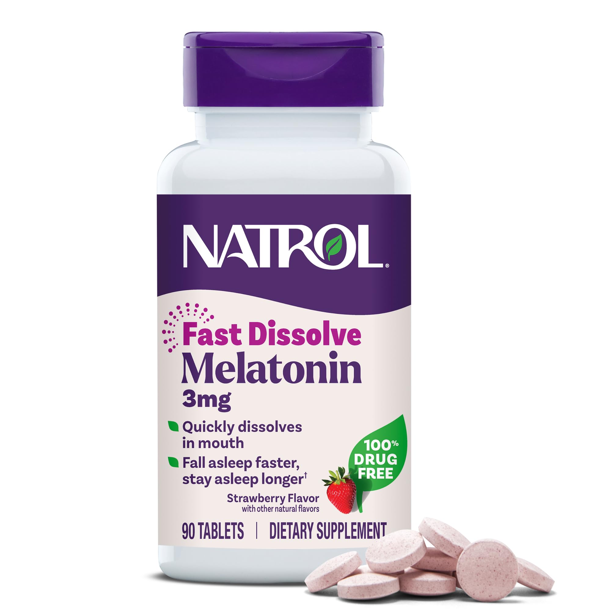 Melatonina de disolución rápida Natrol 3 mg, suplemento de melatonina para un sueño reparador, ayuda a conciliar el sueño en adultos, 90 comprimidos con sabor a fresa, suministro para hasta 90 días