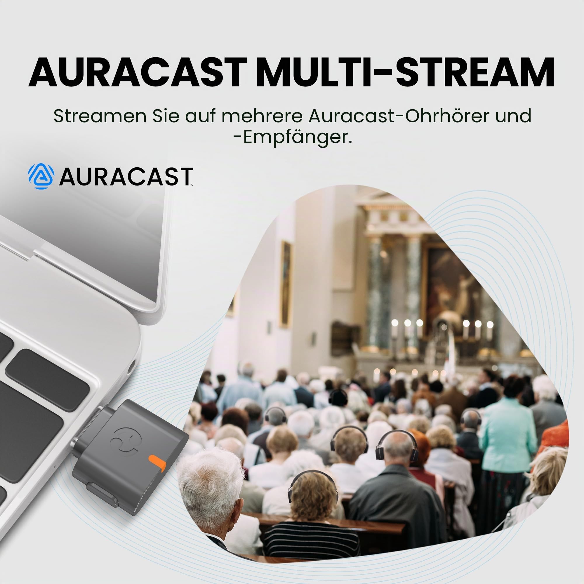 Avantree C82 Aura – Auracast Audio-Transmitter mit Privat- & Öffentlich-Modus, Überträgt an Mehrere Auracast-Geräte, Qualcomm Bluetooth 5.4, Firmware-Upgrade, USB-C-Adapter für PC, Mac & Smartphones