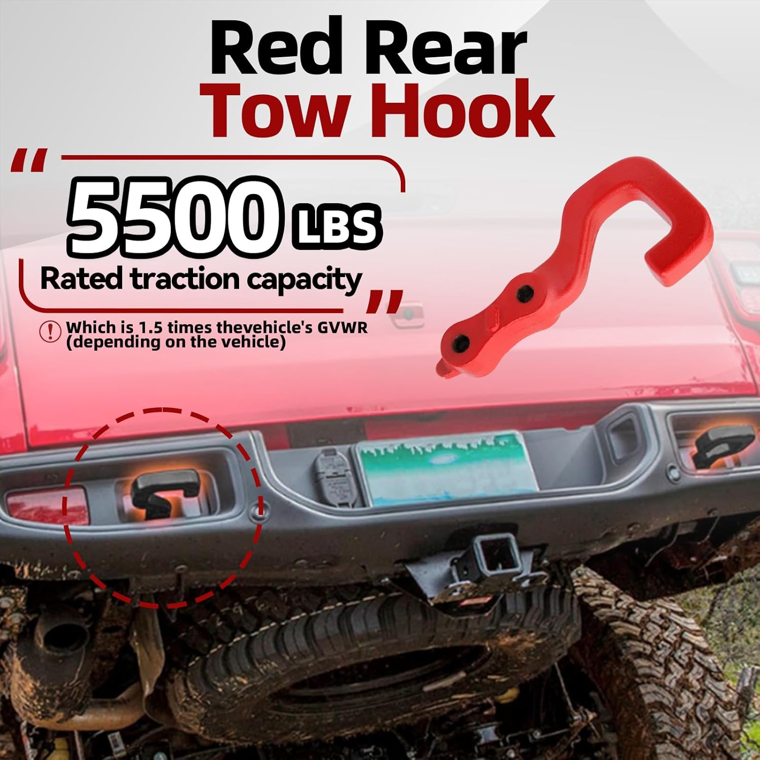 MITZONE Tow Hook Rear Right Or Left Side Compatible with 2000-2024 Jeep Gladiator OE Part 68334733AA Red