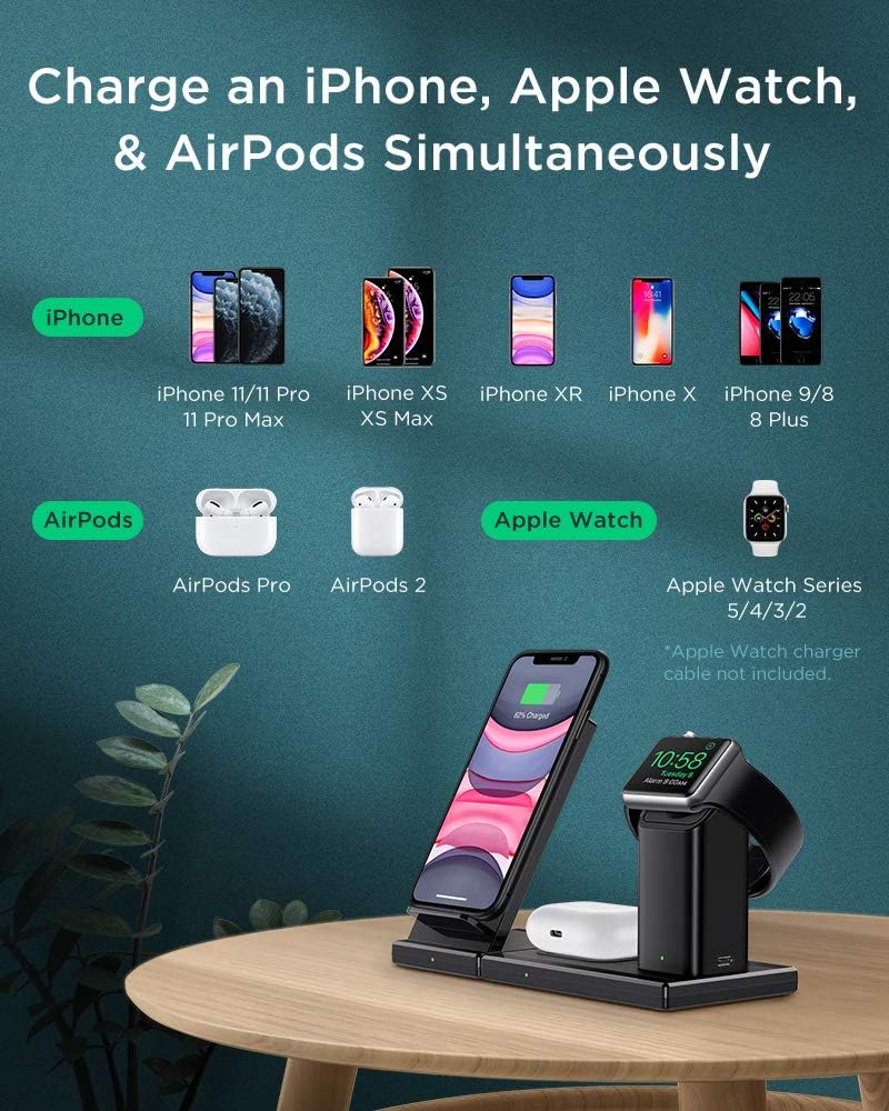 ESR 3-in-1 Wireless Charging Station, 15W for iPhone/AirPods/Apple Watch, Fast Wireless Charging Stand for iPhone 12/Mini/Pro/Pro Max/11/XR/XS/X, Apple Watch 2/3/4/5, AirPods Pro (No Adapter)