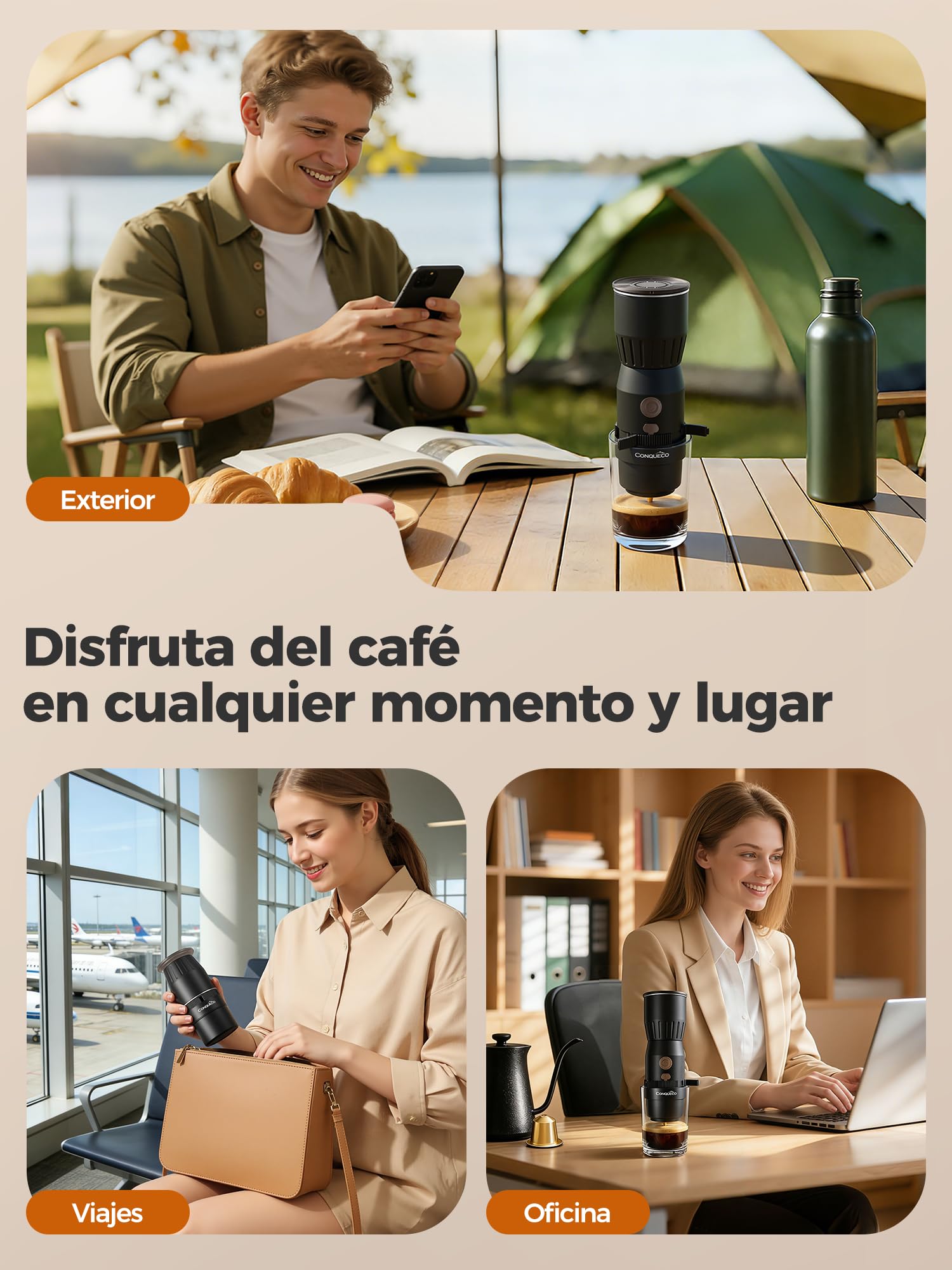 CONQUECO Cafetera Espresso Portátil 20 Bar – REQUIERE AGUA CALIENTE (No Calienta), Máquina 2 en1 para Cápsulas NS y Café Molido, Ligera 455g, USB-C, 250 Tazas por Carga – Para Viajes, Playa, Montaña