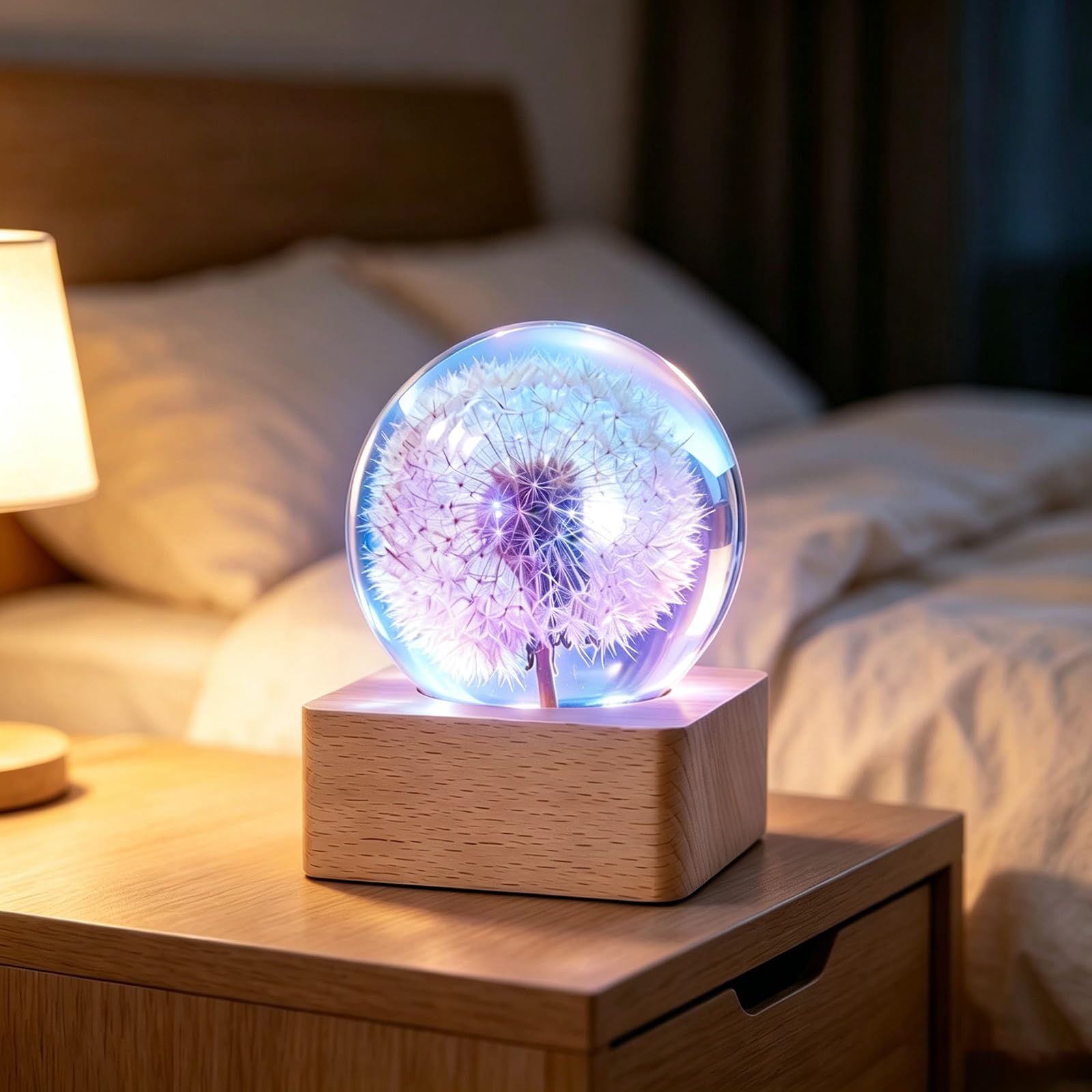 Lampada Resina Epossidica Tarassaco, Sfera Cristallo LED Luce Notturna