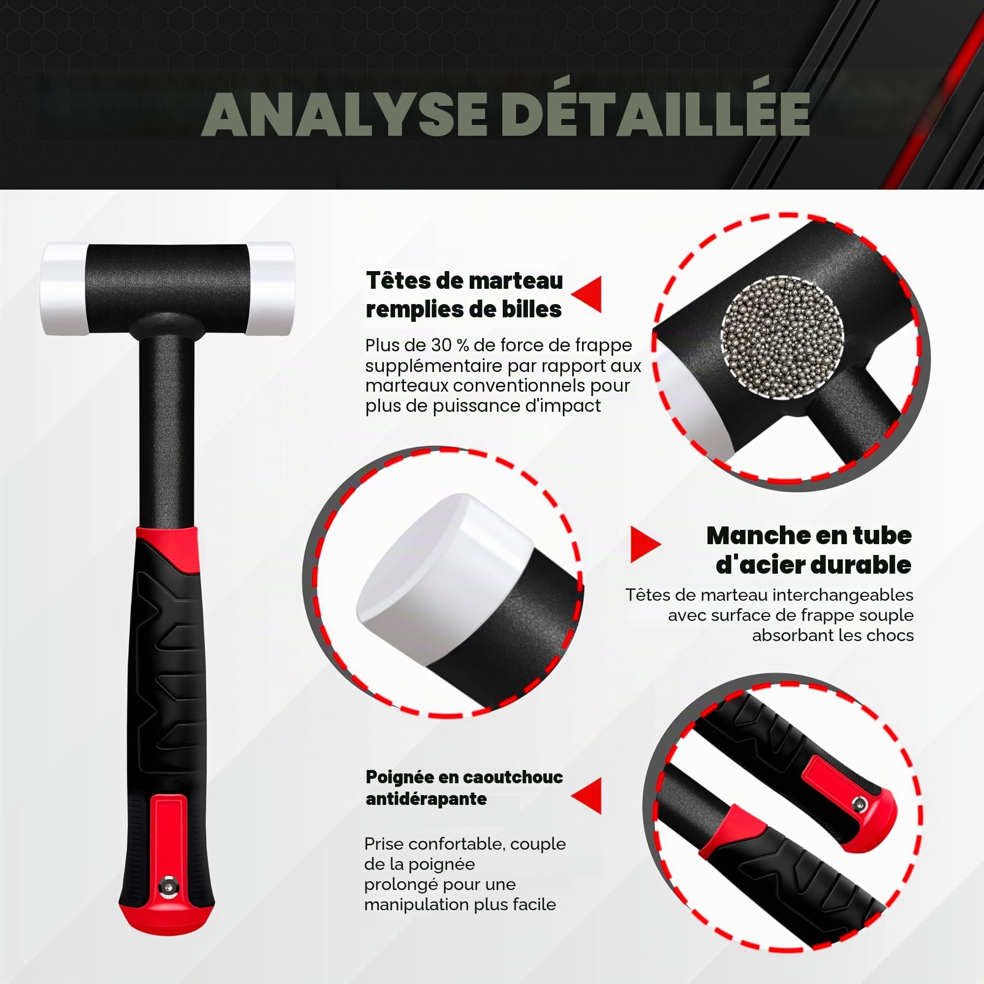C&T Maillet souple anti-retour, 40 mm de diamètre, manche en tube d'acier, tête en nylon remplaçable pour l'entretien et le montage