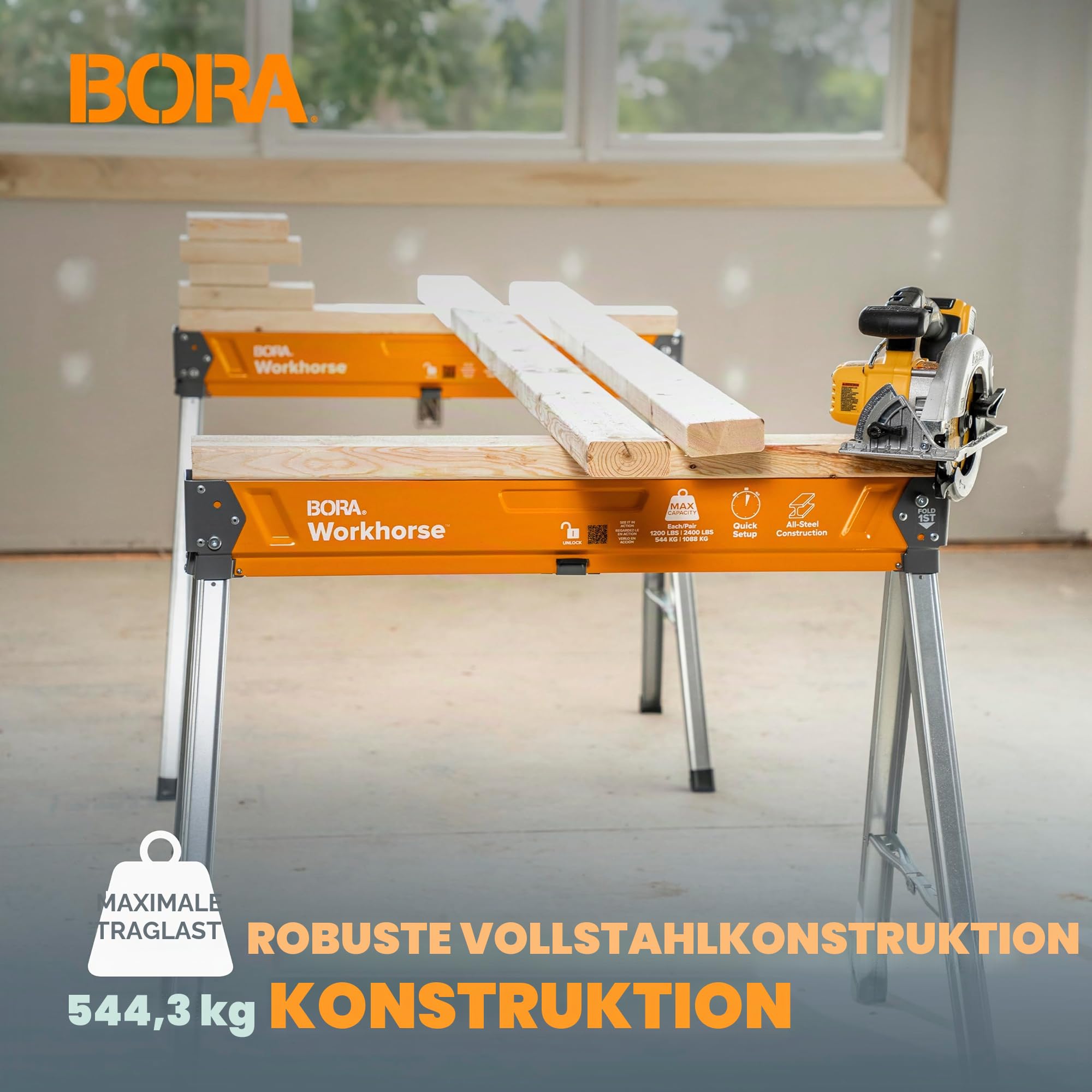 BORA Arbeitsböcke mit robustem Stahlrahmen, 500 kg Tragfähigkeit. Arbeitsbock 2er set. Unterstellblock - PM-3330T, Orange/Abendrot im Zickzackmuster (Sunset Chevron) | Sägebock 2er Set mit 2x4 Halterung & Stahlrahmen – klappbar, tragbar, für Werkbank & Ba