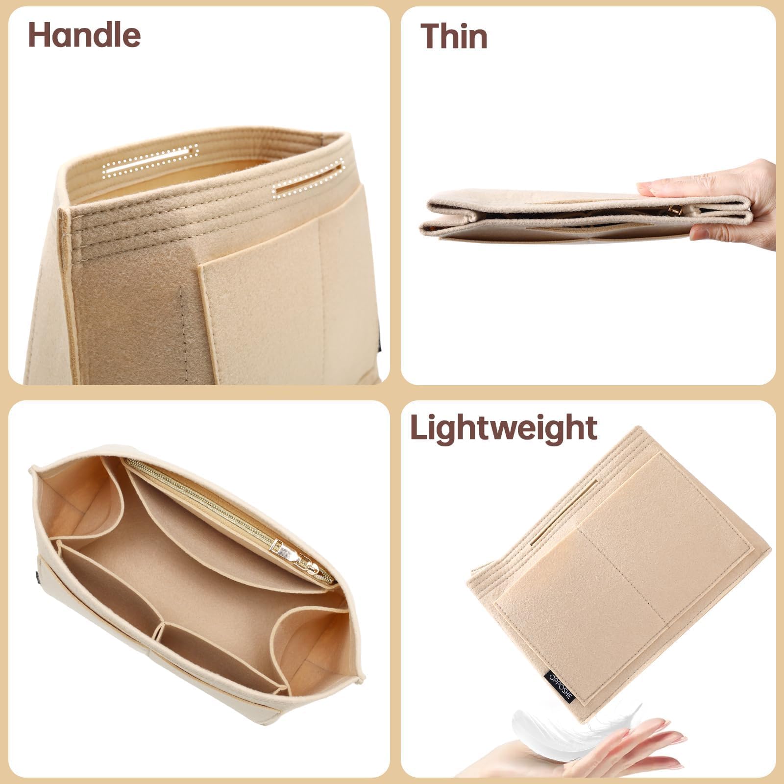 Longchamp Le Pliage, organizador de bolso largo de fieltro de alta calidad para mujer, organizador de mano con 9 compartimentos (grande, beige) 6