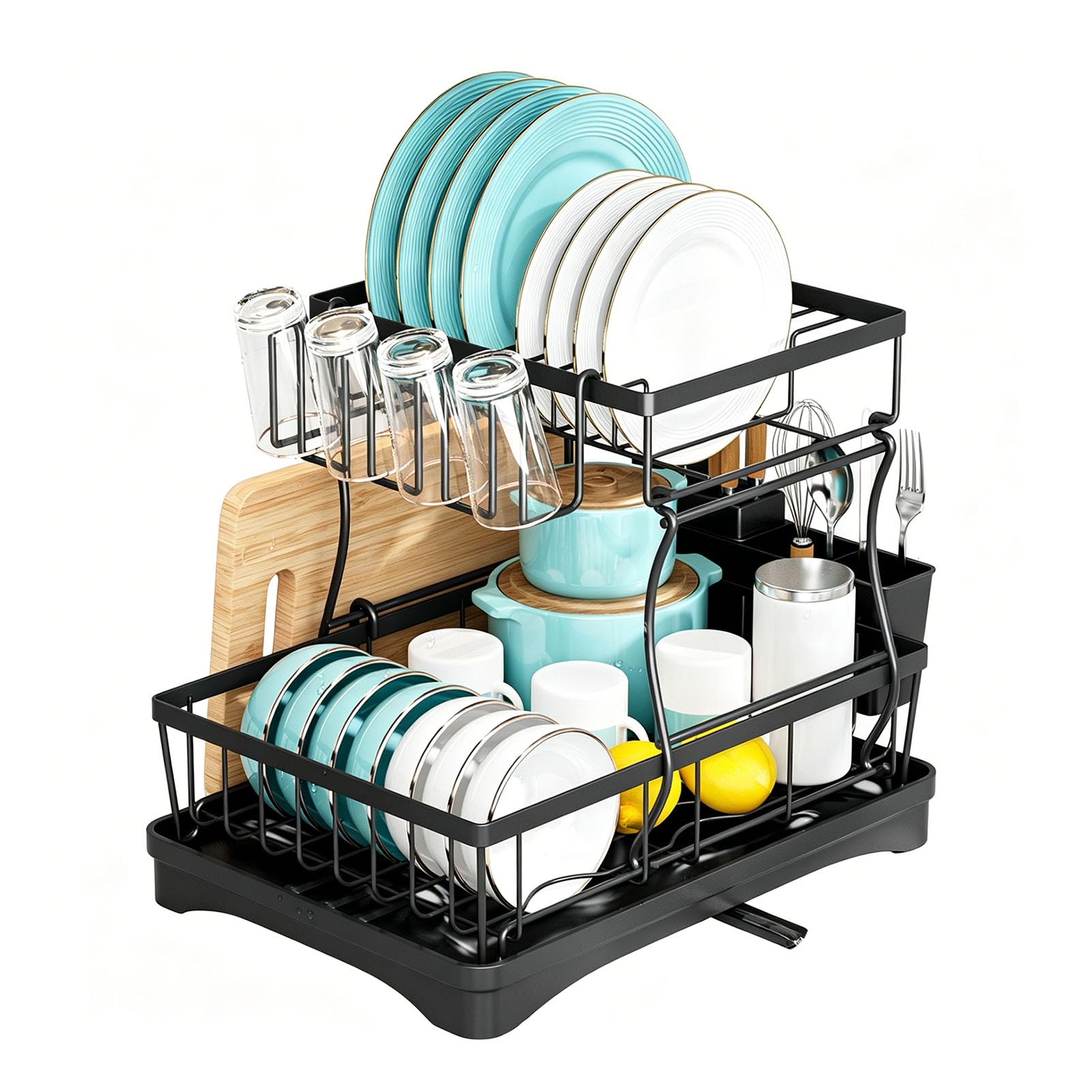 Escurridor de Platos de Dos Niveles con Bandeja y Boquilla giratoria, Porta Cubiertos Desmontable y Organizador de Vasos, para Platos, Cuencos, Vasos y Cubiertos,Negro