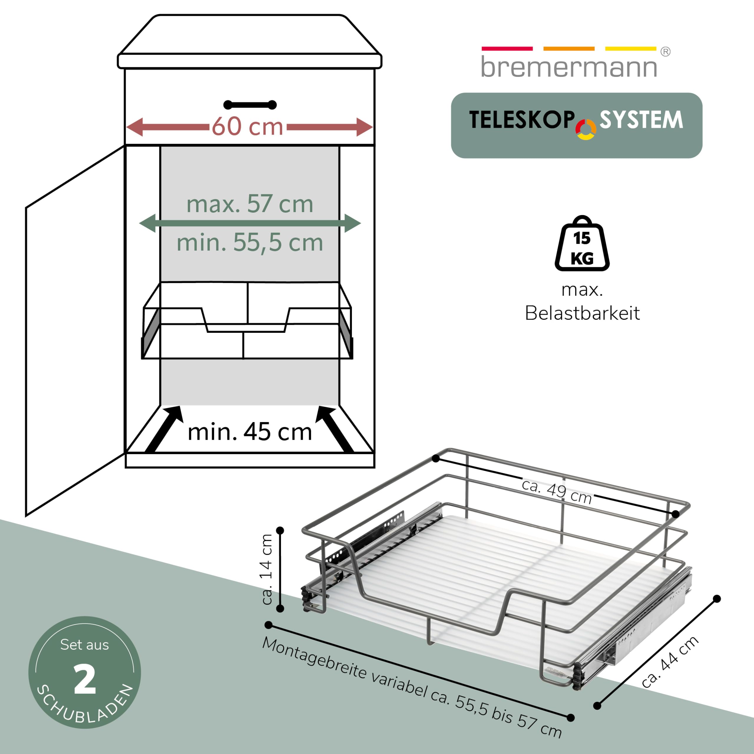 bremermann Teleskopschubladen 2er Set - 60 cm mit Einlegeboden, K�chenschublade zum Nachr�sten, Vollauszug mit Teleskop-Schienen, ideal f�r K�che, Bad & Schlafzimmer, aus Metall (Grau)