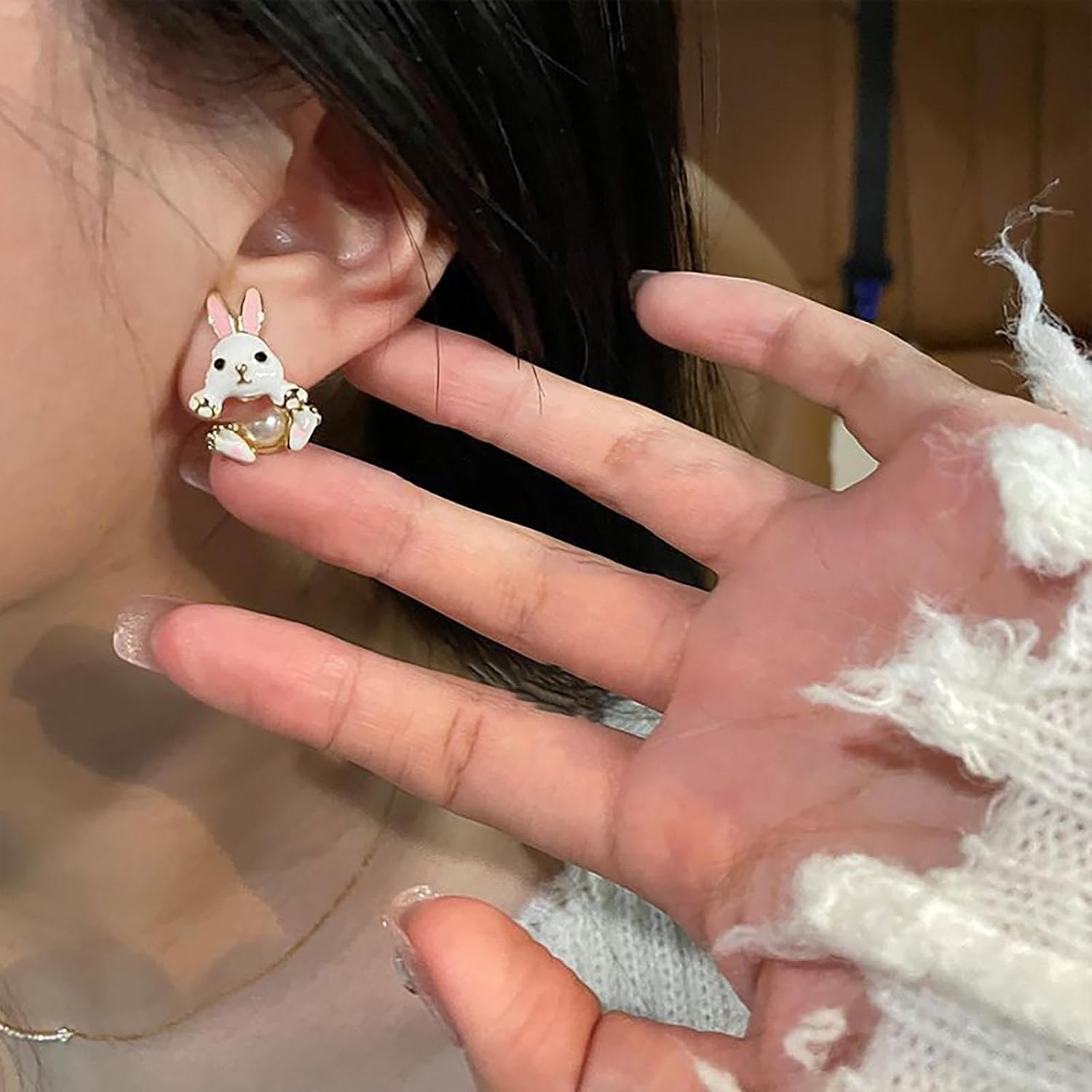 Boho Resin Rabbit Stud Earrings Vintage Pearl Bunny Rabbit Earrings White Cute Rabbit Earrings Animal Rabbit Statement Earrings Jewelry for Women - Image 5