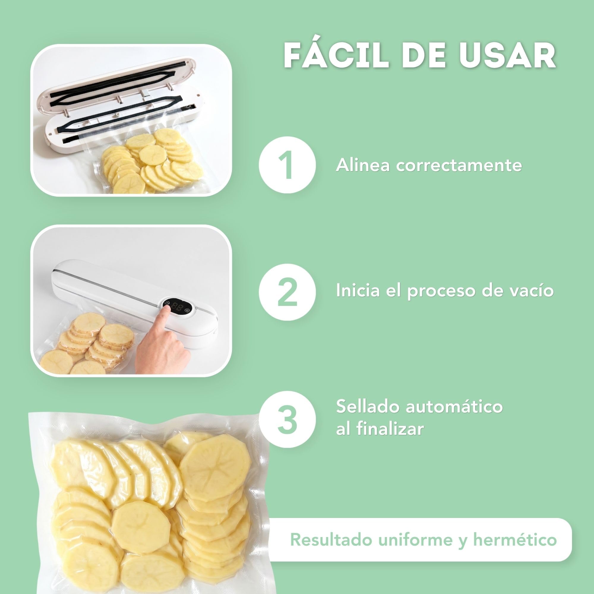 Rayisa Envasadora al Vacío Profesional – Sellado Automática con Modos Seco y Húmedo – Sella hasta 30 cm, Compatible con Bolsas Lisas y Gofradas – Incluye Kit de 10 Bolsas – Diseño Compacto en Blanco