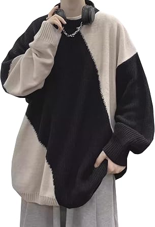 MengFan Knit Sweater, Mens, Crew Neck Top, Long Sleeve, Pullover, Loose, Cable Knit, Sweater, Oversized Size, Drop Shoulder, Korean, Fashionable, Switchable, Street Style
