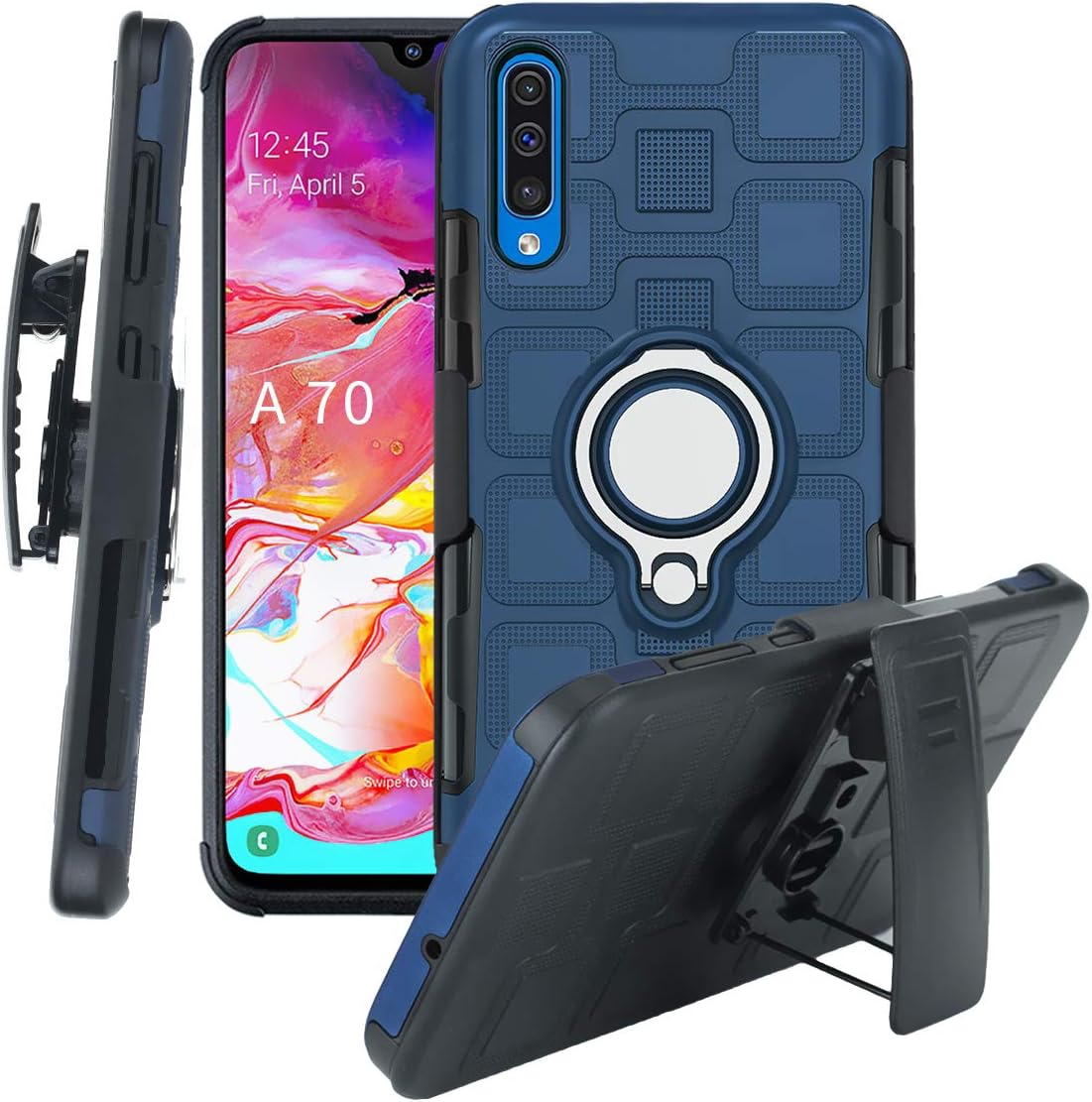 TaiY 3 in1 Protective Hybrid Cover Shockproof Rugged Phone Case 360 Full Body Kickstand Swivel Belt Clip Holster for Samsung Galaxy A70 - Navy
