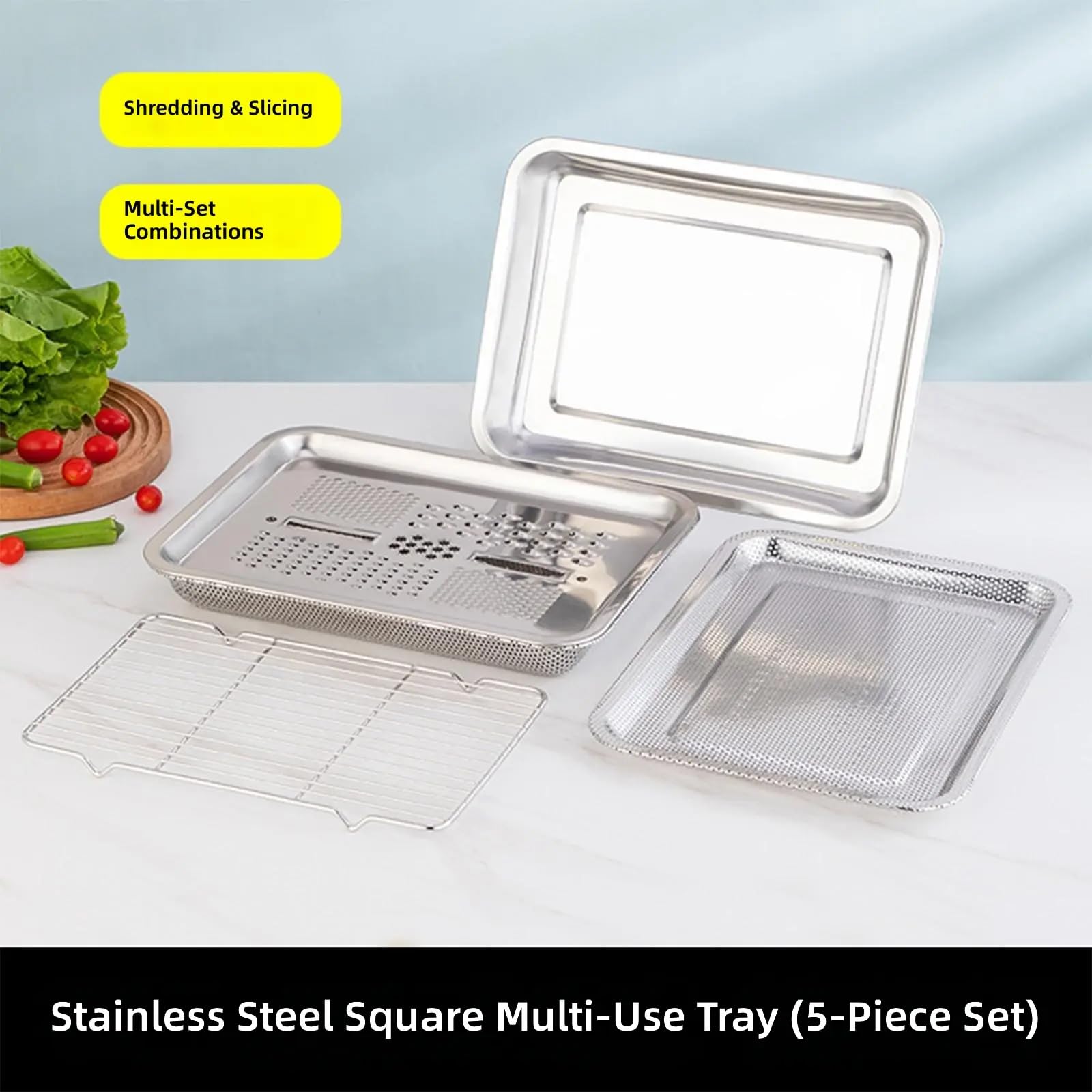 Mehrzweck Reibe Tablett Set aus Edelstahl für die Küche, enthält 5 praktische Utensilien Kochen Reibe Tablett