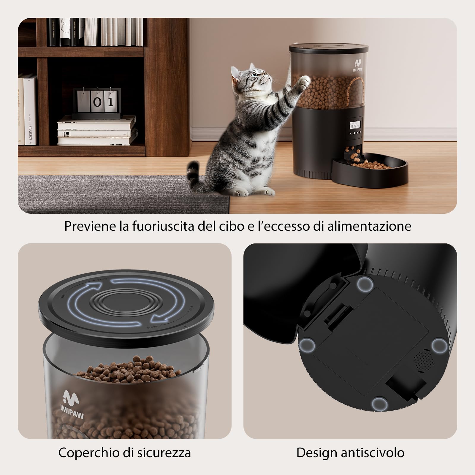 IMIPAW Distributore Automatico Cibo Gatti - 3L Dispenser Cibo Gatti con Timer Programmabile, 1-6 Pasti al Giorno, per Animali Di Piccola e Media Taglia