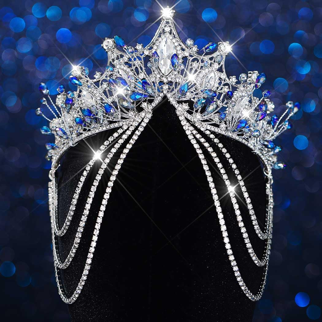 Kilshye Blue Rhinestone Wedding Tiaras and Crowns Silver Crystal Bridal Headband Prom Hair Accessories for Women - Image 2