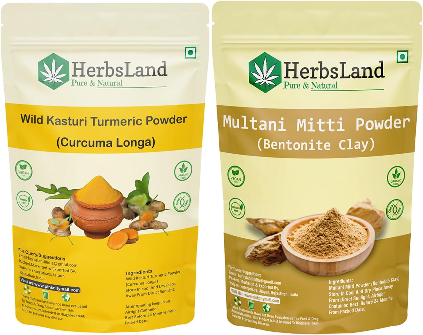 HerbsLand® 100% Pure Organic Wild Kasturi Turmeric Powder And Multani Mitti Powder for Face (100gm Each) (200 g)